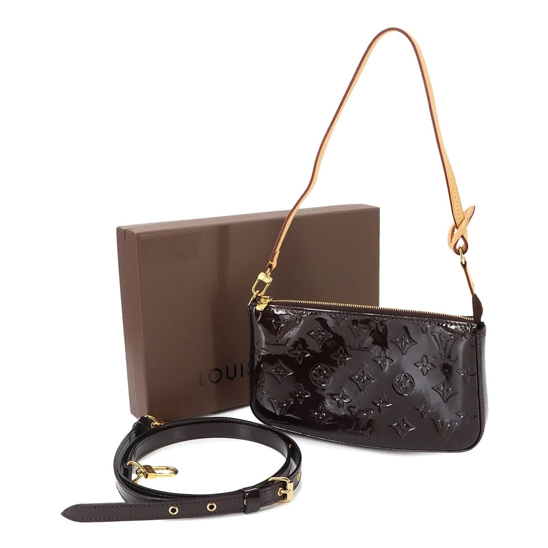 Louis Vuitton Vernis Pochette Accessoires 2-way Hand/Shoulder Handbag Leather Amarante M91576: --- Catalog ---Category: SizeWeight: 245g / 8.64oz.Size (HxWxD): 13cm x 23cm x 4cm / 5.11'' x 9.05'' x 1.57''Strap Length: 102cm - 120cm / 40.15'' - 47.24''Handle Length: 49cm / 19.29''Category: Desig