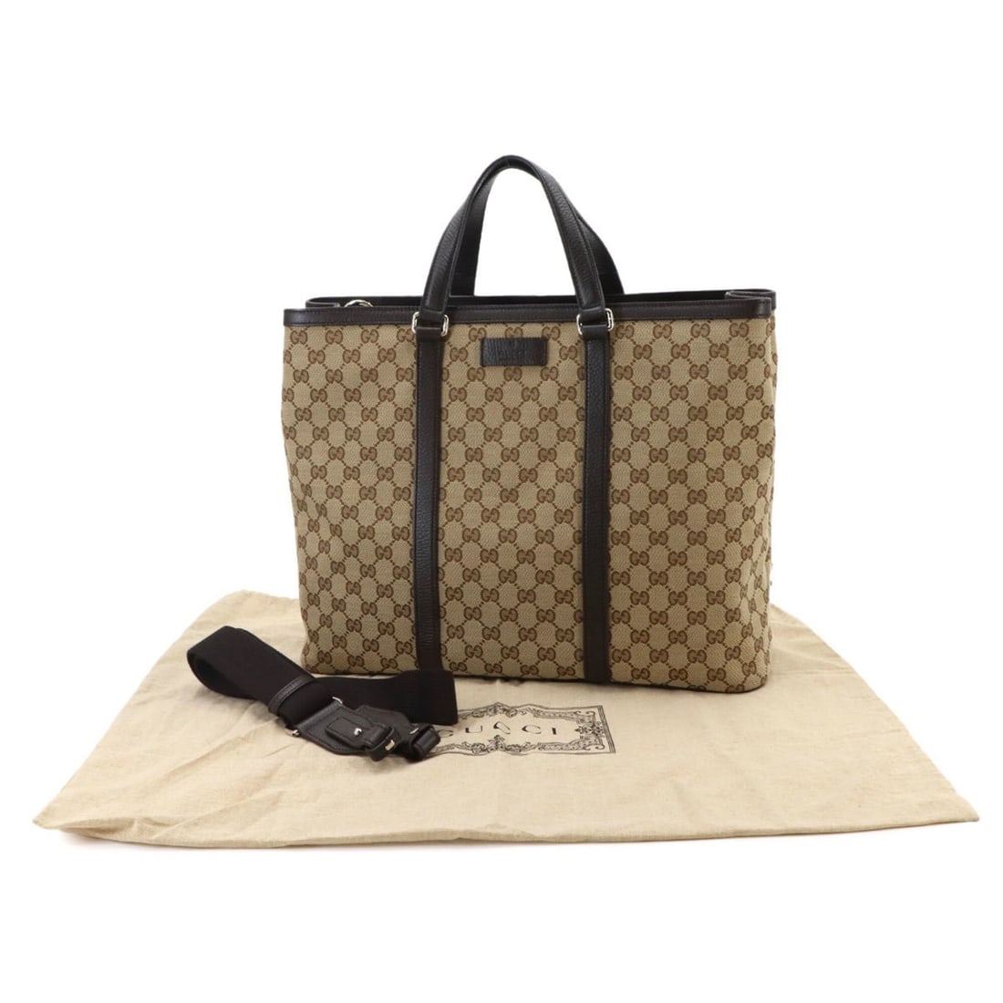Gucci GG Canvas 2-Way Tote Shoulder Handbag Leather Beige Brown 449169 Silver Hardware Bag: --- Catalog ---Category: SizeWeight: 1.02kg / 2.25lb.Size (HxWxD): 31.5cm x 40cm x 12cm / 12.4'' x 15.74'' x 4.72''Strap Length: 134cm / 52.75''Handle Length: 31cm / 12.2''Category: DesignType: Handba