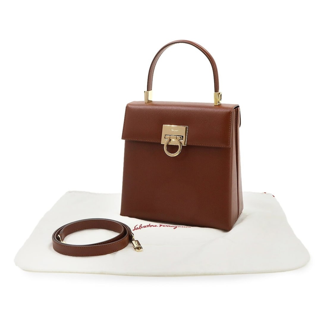 Salvatore Ferragamo Gancini 2-way Hand/Shoulder Handbag, Leather, Cognac Brown, 21 0160 Bag: --- Catalog ---Category: SizeWeight: 470g / 1.03lb.Size (HxWxD): 19cm x 19cm x 10cm / 7.48'' x 7.48'' x 3.93''Strap Length: 92cm / 36.22''Handle Length: 27cm / 10.62''Category: DesignType: HandbagGend