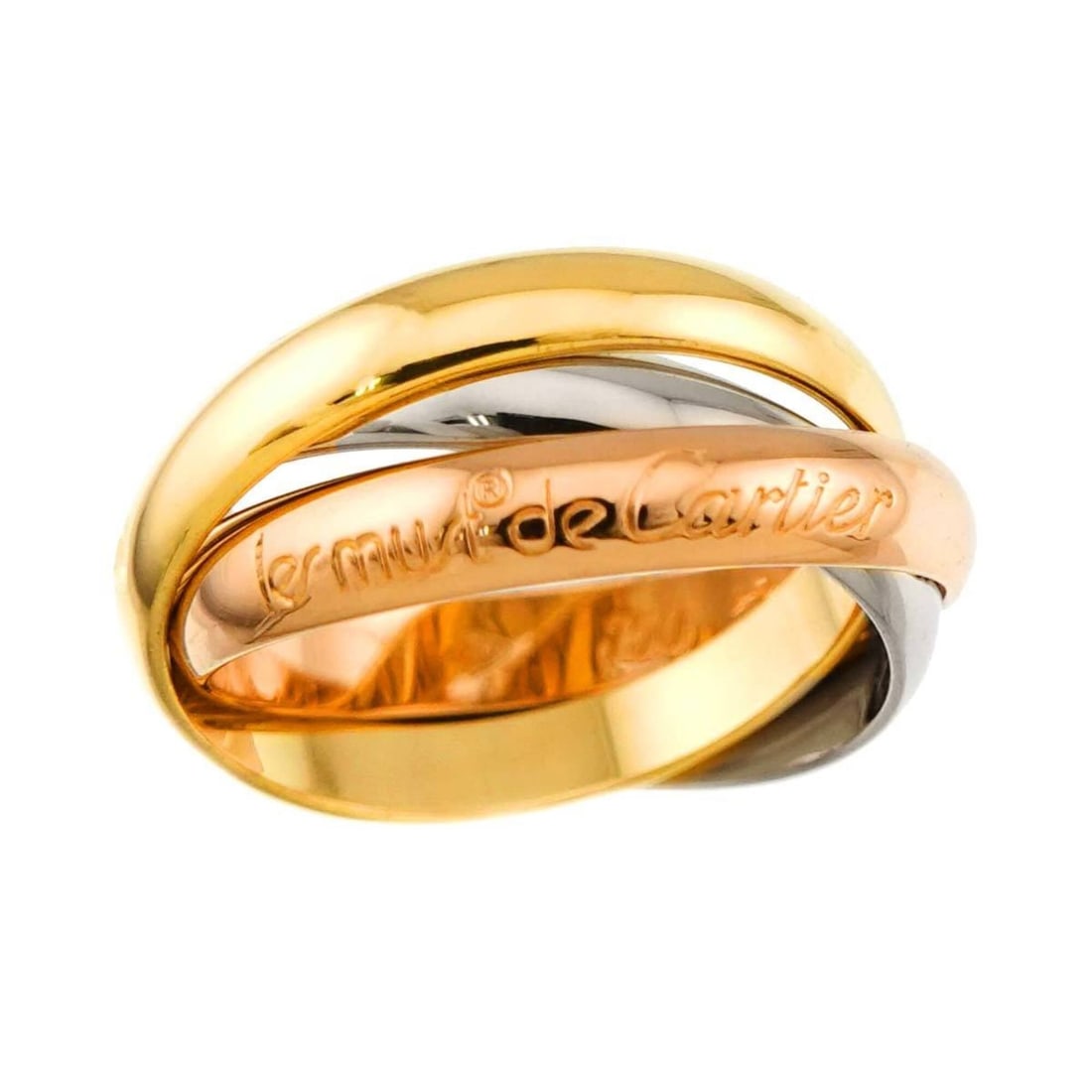 Cartier Trinity Ring #53 MM 18K YG WG PG Triple Band Three Gold Color 750: --- Catalog ---Category: SizeWidth: 3.3mm / 0.13''Weight: 8.3g / 0.29oz.JP Size: 12.5US Size: 6.5Category: DesignType: Band ringGender: WomenMaterial: Pink gold (18K), White gold (18K), Yellow gold (1