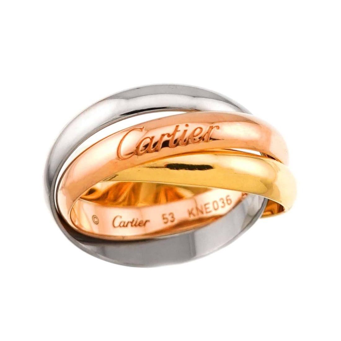 Cartier Trinity Ring #53 MM 18K YG WG PG Triple Band Three Gold Color 750: --- Catalog ---Category: SizeWidth: 3.4mm / 0.13''JP Size: 12.5US Size: 6.5Category: DesignType: Band ringGender: WomenMaterial: Pink gold (18K), White gold (18K), Yellow gold (18K)Category: GeneralLi