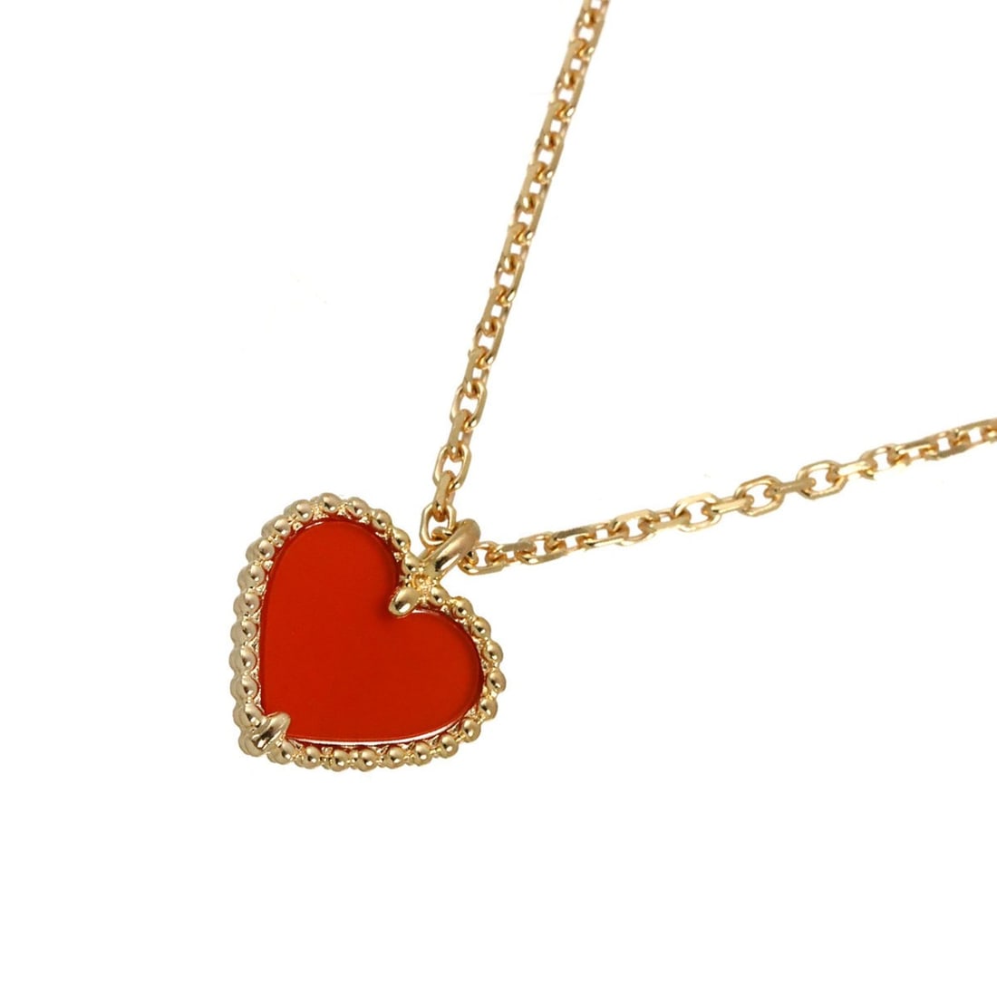 Van Cleef & Arpels Sweet Alhambra Carnelian Necklace 42cm 18K PG 750: --- Catalog ---Category: SizePendant Size: 9.7mm x 8.7mm / 0.38'' x 0.34''Neck Circumference: 42 cm / 16.53''Category: DesignColor: Pink goldGender: WomenMaterial: Pink gold (18K)Necklace Type: Neckla