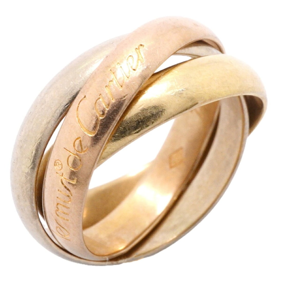 Cartier Trinity Classic Ring, available in 18K Yellow Gold, White and Pink size #49 (Women's).: --- Catalog ---Category: SizeUS Size: 5Brand Size: 49Category: DesignType: Band ringGender: WomenMaterial: Pink gold (18K), White gold (18K), Yellow gold (18K)Category: GeneralBrand: Cartier--- Item L