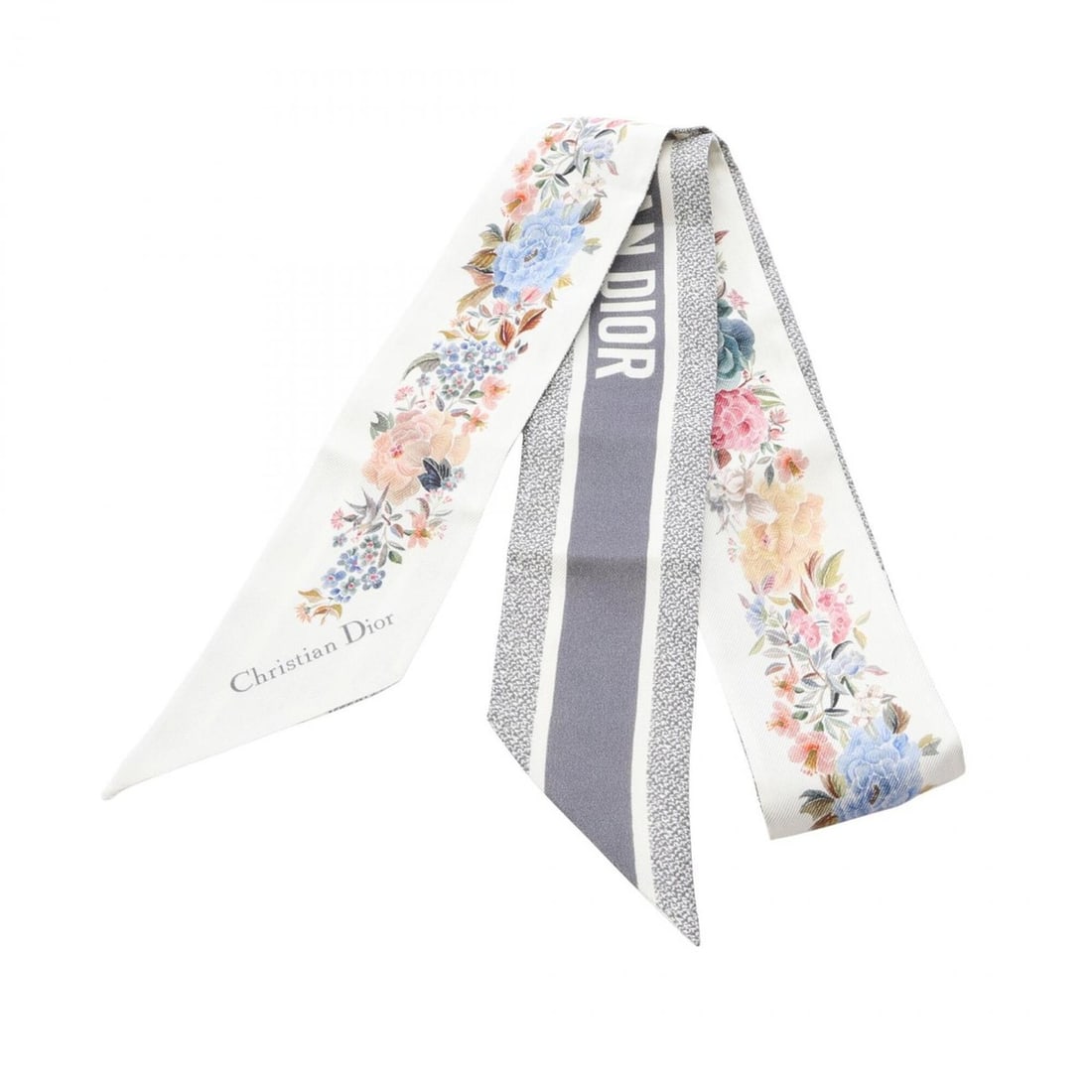 Christian Dior Dior Mitzah D-Floral Scarf/Muffler, Silk, Women's, White/Gray/Multicolor: --- Catalog ---Category: SizeSize (LxW): 1.09m x 6cm / 42.91'' x 2.36''Category: DesignType: ScarfColor: Gray, Multi-color, WhiteGender: WomenMaterial: Silk Category: GeneralBrand: Christian Dior--- I