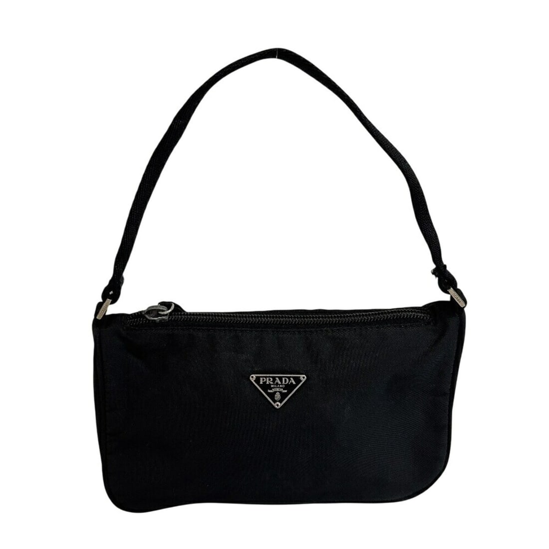 PRADA Triangle Plate Mini Pouch Handbag Bag Black: --- Catalog ---Category: SizeSize (HxWxD): 12cm x 19.5cm x 5.5cm / 4.72'' x 7.67'' x 2.16''Category: DesignType: Handbag, PouchColor: BlackGender: WomenMaterial: Nylon Category: GeneralBrand: Prada---