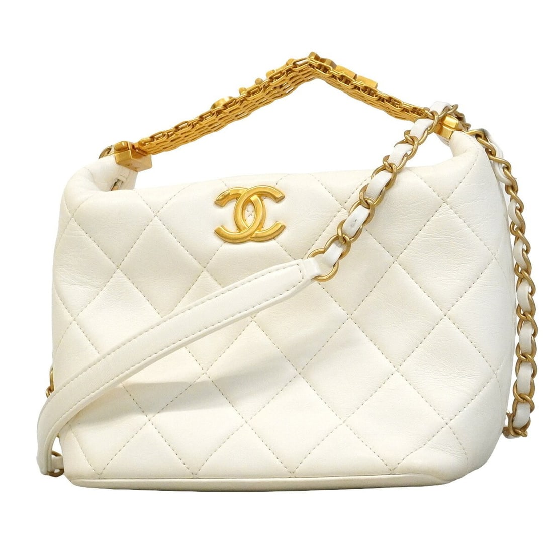 Chanel Matelassé Chain Shoulder Hobo Handbag, Lambskin, White, 2-way Bag for Women: --- Catalog ---Category: SizeSize (HxWxD): 15cm x 18cm x 12cm / 5.9'' x 7.08'' x 4.72''Category: DesignType: HandbagColor: WhiteGender: WomenMaterial: Leather Hardware Color: GoldLeather/Fur Type: Lam