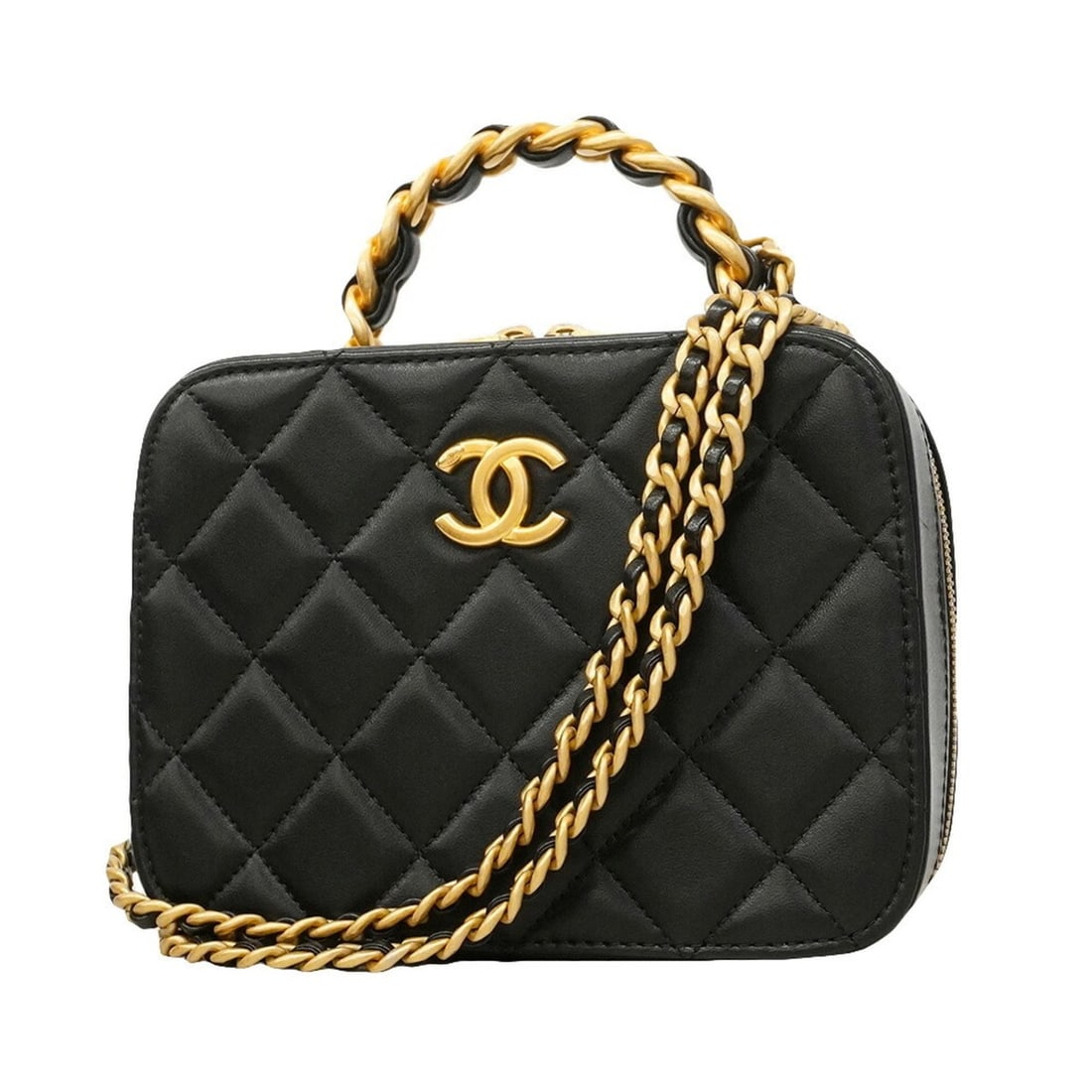 Chanel Matelassé Chain Shoulder Handbag, Lambskin, Black, 2-way Bag for Women: --- Catalog ---Category: SizeSize (HxWxD): 12.5cm x 17cm x 6.5cm / 4.92'' x 6.69'' x 2.55''Category: DesignType: HandbagColor: BlackGender: WomenMaterial: Leather Hardware Color: GoldLeather/Fur Type: