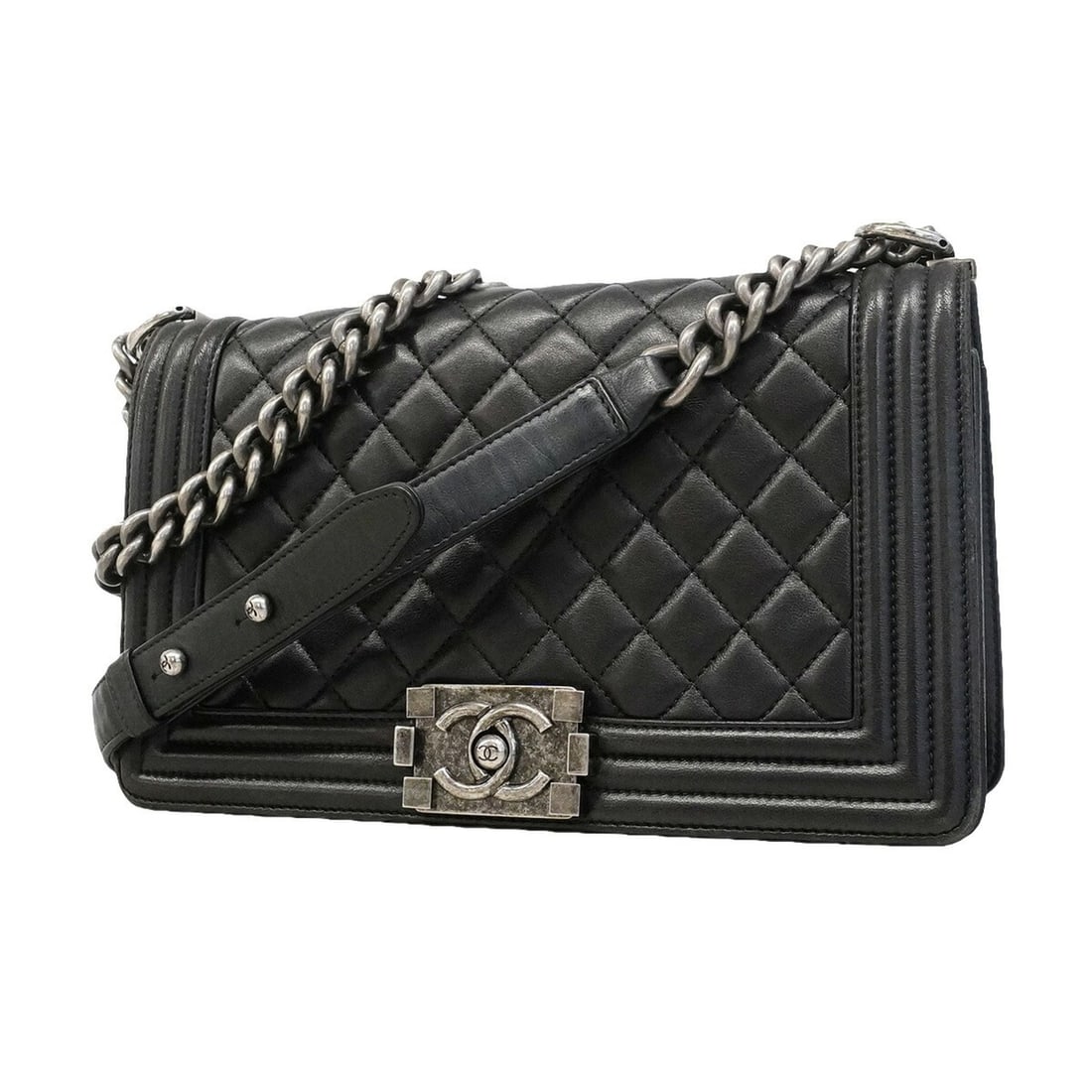 Chanel Boy Chain Shoulder Bag, Lambskin, Black, Women's: --- Catalog ---Category: SizeSize (HxWxD): 16cm x 25cm x 8cm / 6.29'' x 9.84'' x 3.14''Category: DesignType: Shoulder bagColor: BlackGender: WomenMaterial: Leather Hardware Color: SilverLeather/Fur Ty