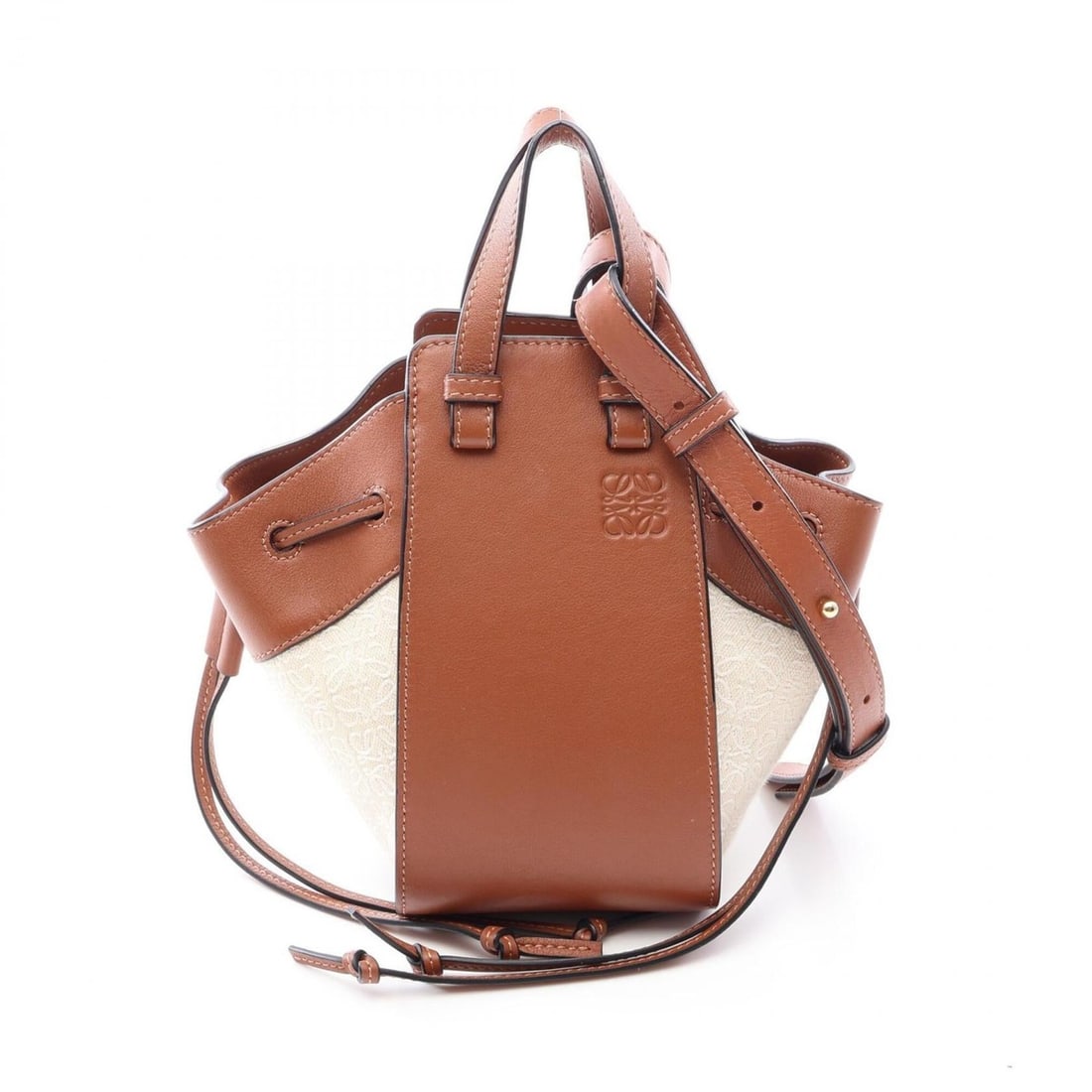 Loewe Hammock Drawstring Bag Mini 2-Way Handbag, Canvas Leather, Women's, Brown/Ivory: --- Catalog ---Category: SizeSize (HxWxD): 19cm x 10.5cm x 16.5cm / 7.48'' x 4.13'' x 6.49''Category: DesignType: HandbagColor: Brown, IvoryGender: WomenMaterial: Canvas , Leather Category: GeneralBra
