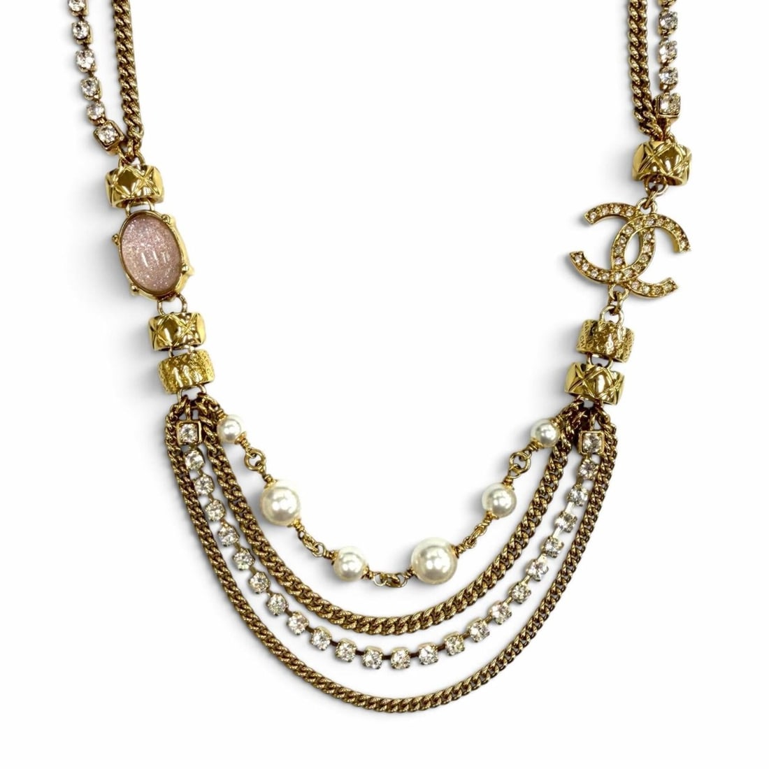 CHANEL C24P Coco Mark Eco Pearl Stone Crushed Logo Chain Necklace, Gold, Pink, White, Made in: --- Catalog ---Category: SizePendant Size: 12mm x 20mm / 0.47'' x 0.78''Neck Circumference: 40.5 cm - 46.5 cm / 15.94'' - 18.3''Category: DesignColor: Gold, Pink, WhiteGender: WomenNecklace Type: Neck