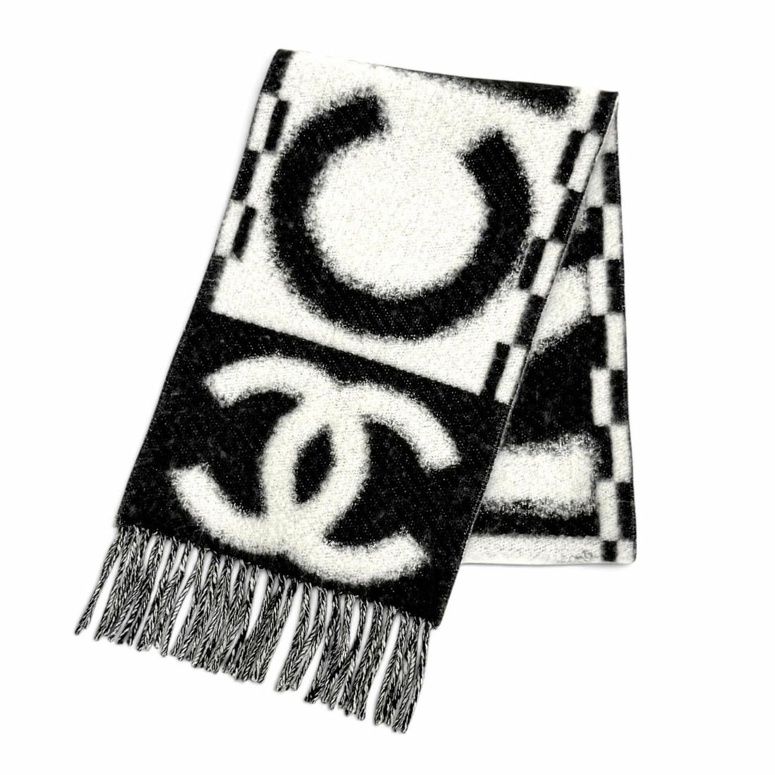 CHANEL AAA478 Cashmere Silk Coco Mark Logo Design Fringe Stole Scarf White Black Made in Italy: --- Catalog ---Category: SizeSize (LxW): 1.6m x 26cm / 62.99'' x 10.23''Category: DesignType: StoleColor: Black, WhiteGender: WomenMaterial: Cashmere , Silk Category: GeneralMPN: AAA478Brand: ChanelCo