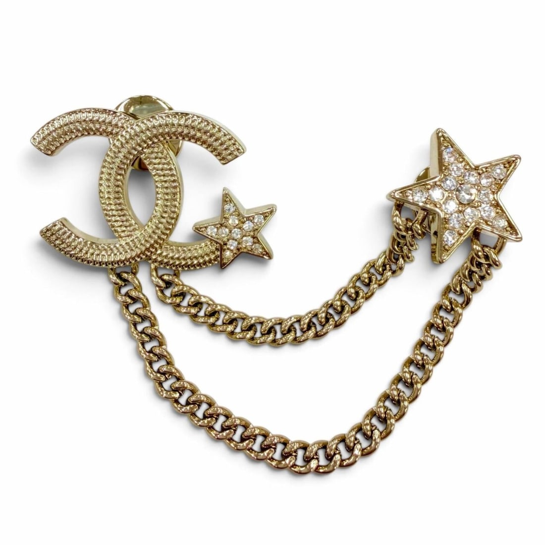 CHANEL B25B Metal Coco Mark Star Chain Rhinestone Brooch, Gold, Made in Italy, Women's (1 of 10)
