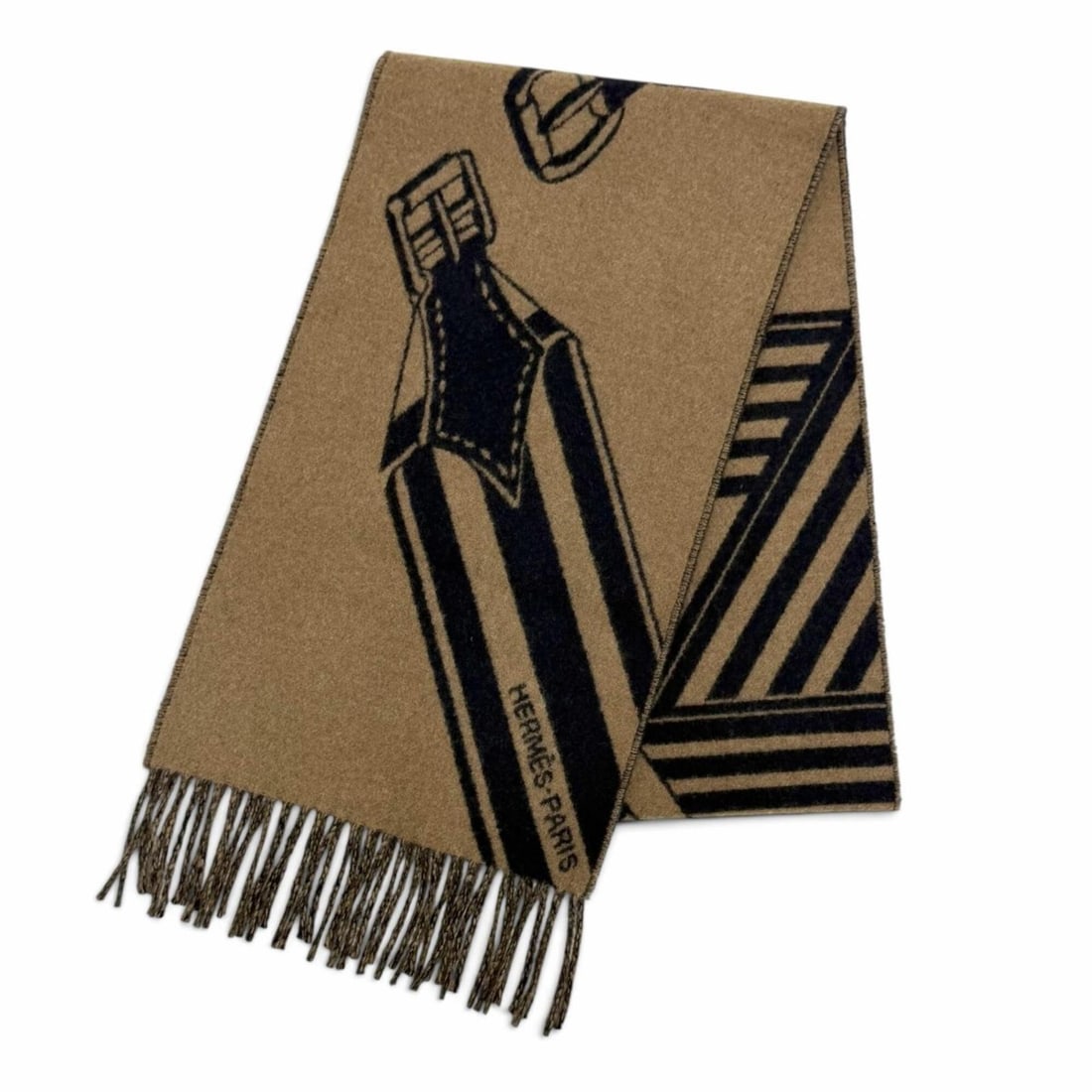 HERMES Sangles en Zigzag (Zigzag Sangles) - 100% Cashmere, Etoupe Marine, Fringe Stole/Scarf,: --- Catalog ---Category: SizeSize (LxW): 1.7m x 25cm / 66.92'' x 9.84''Category: DesignType: StoleColor: Brown, NavyGender: WomenMaterial: Cashmere Category: GeneralBrand: HermesCountry of Origin: Uni