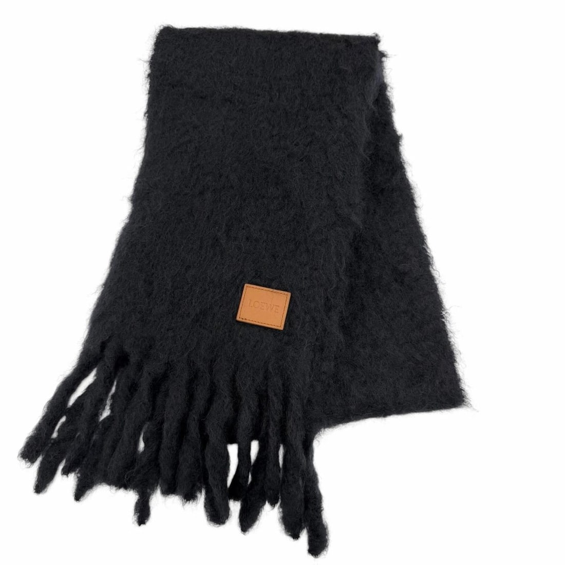 LOEWE Mohair Wool Logo Leather Patch Fringe Stole Scarf, Dark Navy, Made in Spain, Authentic,: --- Catalog ---Category: SizeSize (LxW): 1.76m x 25cm / 69.29'' x 9.84''Category: DesignType: StoleColor: NavyGender: WomenMaterial: Mohair , Wool , Nylon Category: GeneralBrand: LoeweCountry of Origi