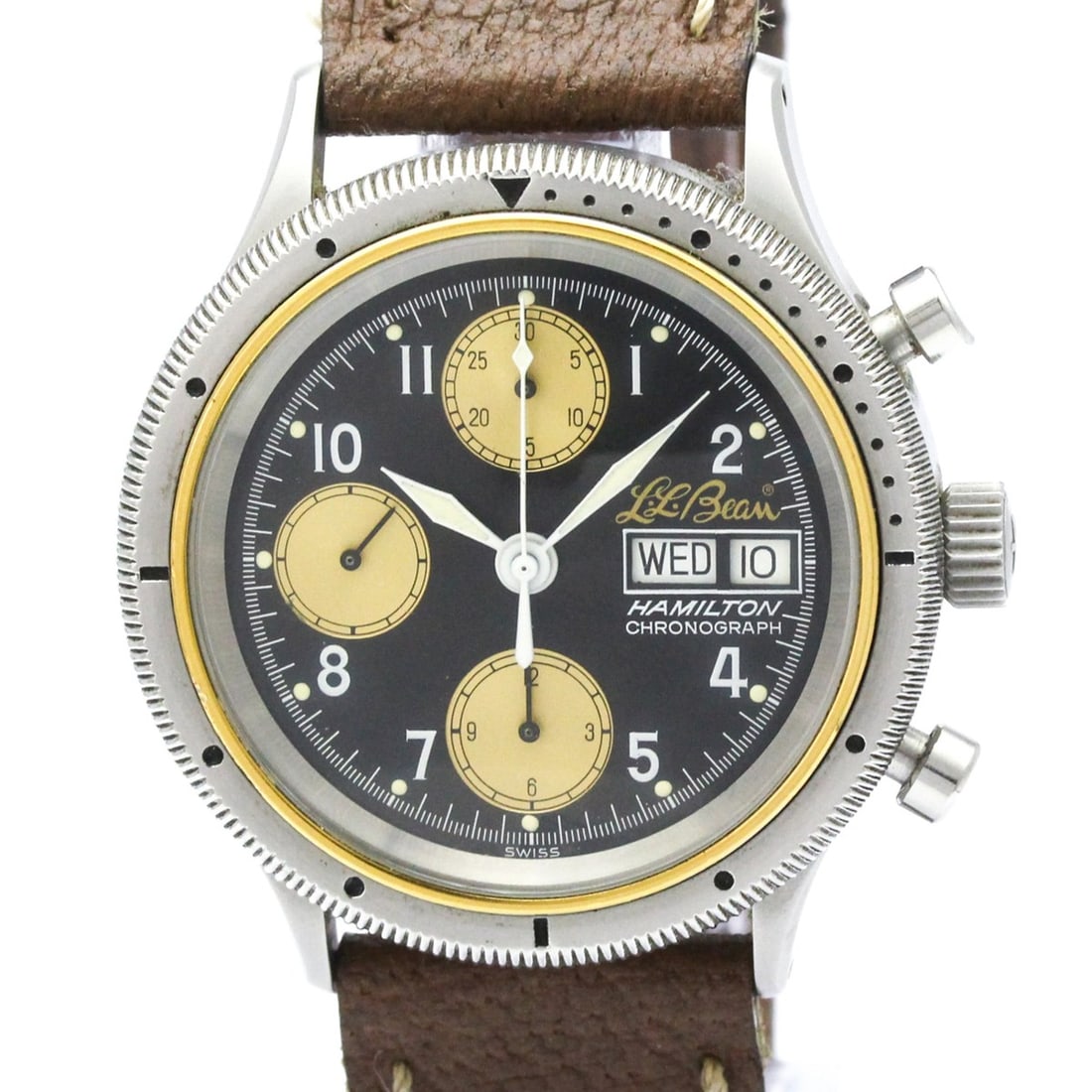 HAMILTON L.L.Bean Chronograph Stainless Steel Leather Automatic Mens Watch 9446: --- Catalog ---Category: SizeCase Diameter: 38mm / 1.5''Category: DesignType: WristwatchStyle: SportGender: MenColor (Dial): BlackMaterial (Band): LeatherMaterial (Case): Stainless steelCategory: Gene