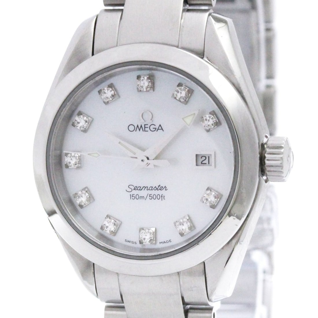 OMEGA Seamaster Aqua Terra Diamond MOP Dial Watch 2577.75 Polished: --- Catalog ---Category: SizeCase Diameter: 29mm / 1.14''Category: DesignType: WristwatchStyle: SportGender: WomenColor (Dial): White shellMaterial (Band): Stainless steelMaterial (Case): Stainless st