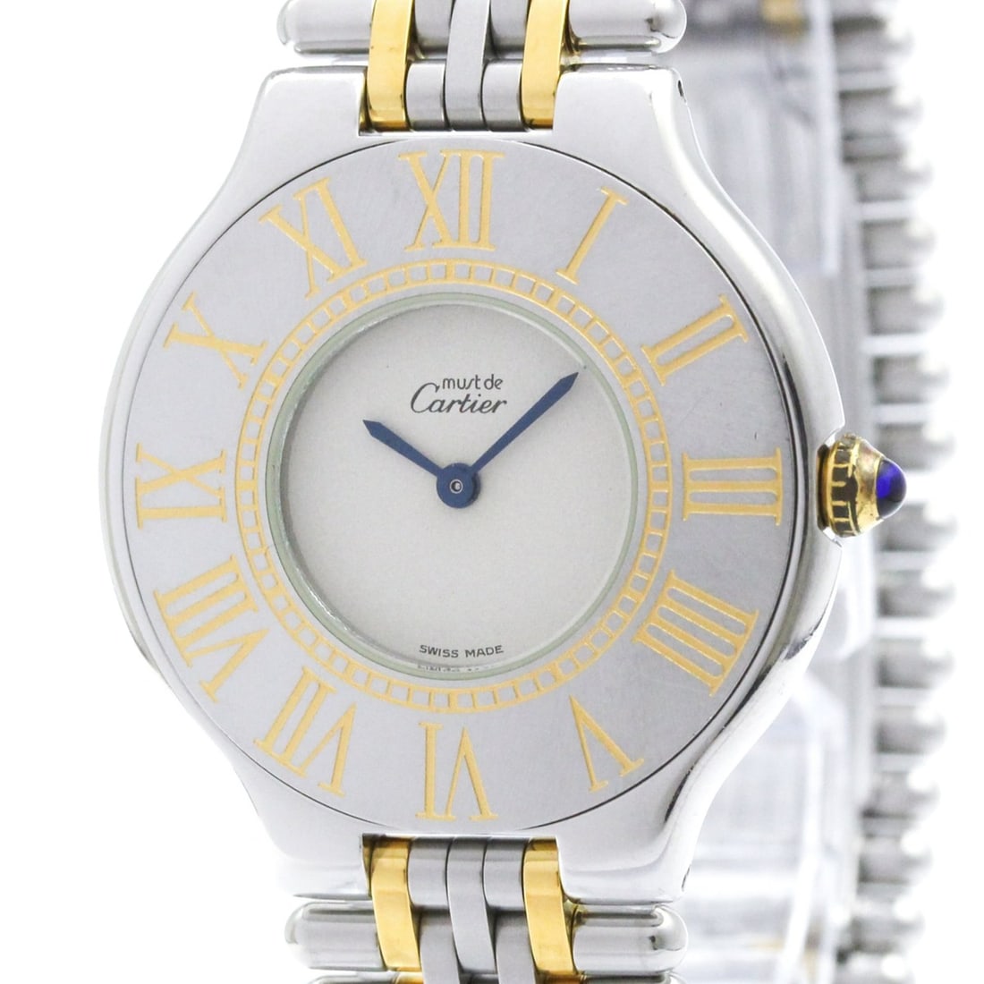 CARTIER Must 21 Gold Plated Steel Quartz Unisex Watch W10050F4: --- Catalog ---Category: SizeCase Diameter: 31mm / 1.22''Category: DesignType: WristwatchStyle: Dress/FormalGender: UnisexColor (Dial): SilverMaterial (Band): Gold plated, Stainless steelMaterial (Cas