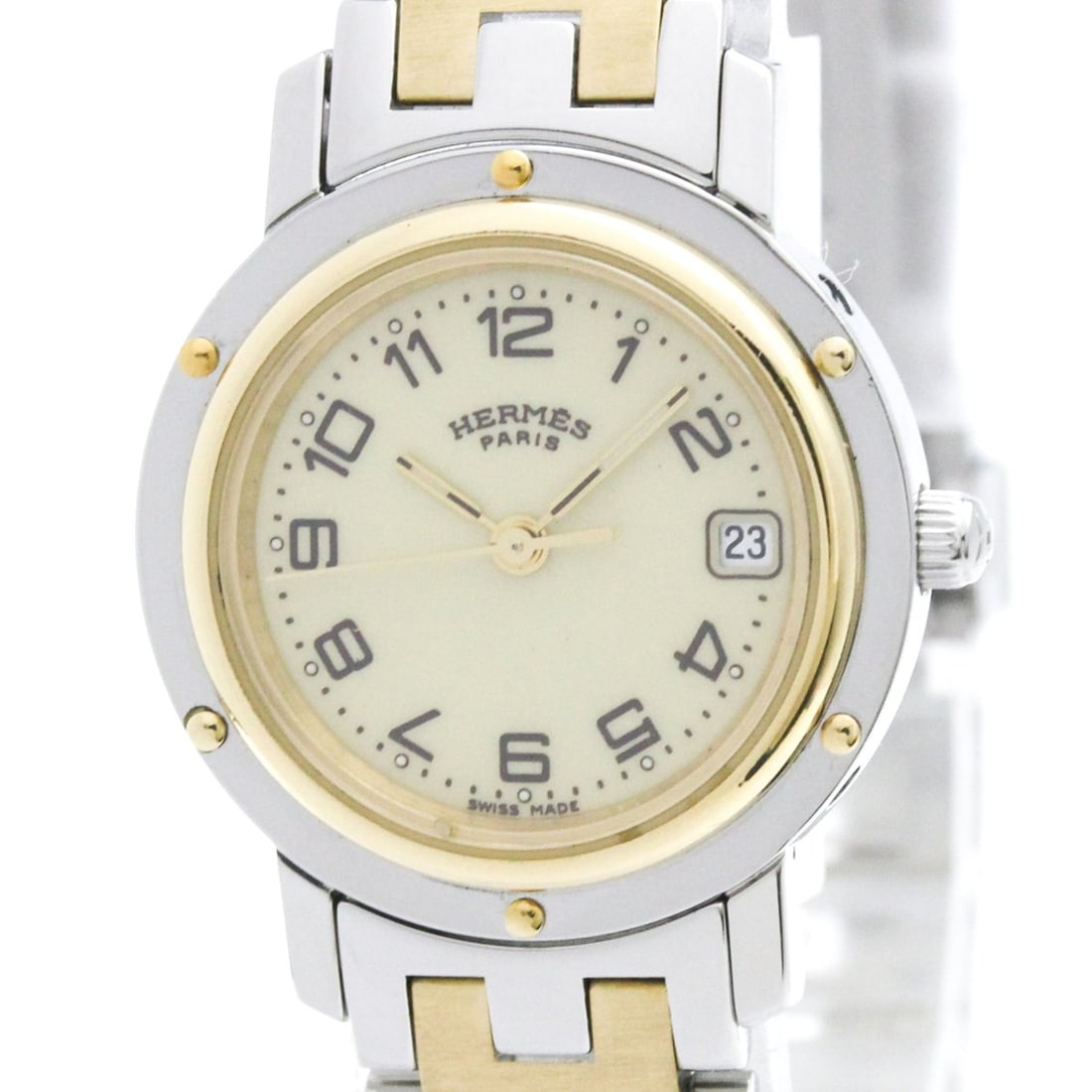 HERMES Clipper Gold Plated Steel Quartz Ladies Watch CL4.220 Polished: --- Catalog ---Category: SizeCase Diameter: 24mm / 0.94''Category: DesignType: WristwatchStyle: Dress/FormalGender: WomenColor (Dial): IvoryMaterial (Band): Gold plated, Stainless steelMaterial (Case)