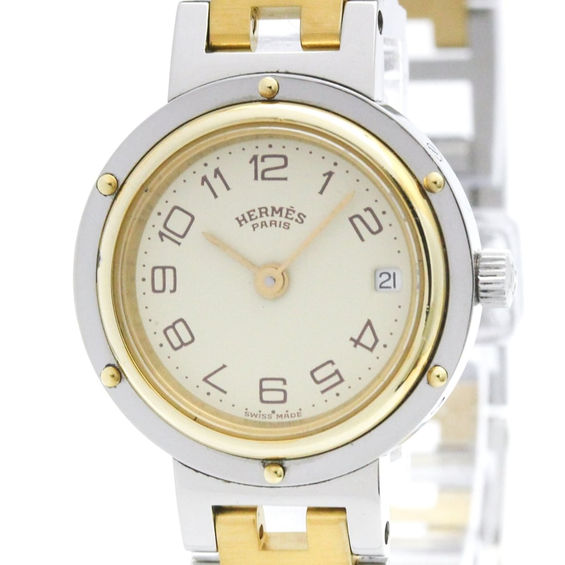 HERMES Clipper Gold Plated Steel Ladies Watch Polished: --- Catalog ---Category: SizeCase Diameter: 24mm / 0.94''Category: DesignType: WristwatchStyle: Dress/FormalGender: WomenColor (Dial): IvoryMaterial (Band): Gold plated, Stainless steelMaterial (Case)