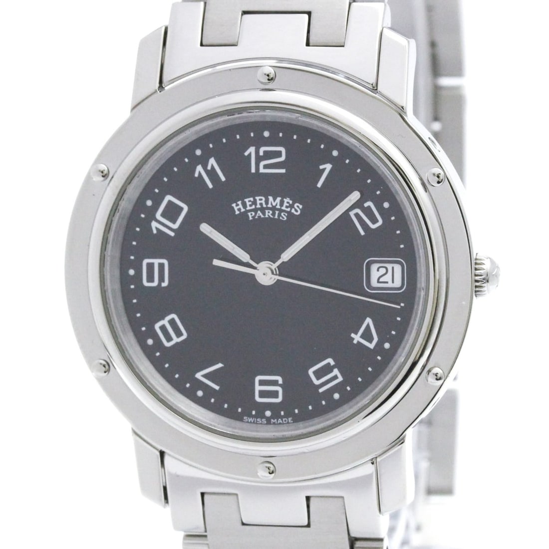HERMES Clipper Stainless Steel Quartz Mens Watch CL6.710 Polished: --- Catalog ---Category: SizeCase Diameter: 36mm / 1.42''Category: DesignType: WristwatchStyle: Dress/FormalGender: MenColor (Dial): BlackMaterial (Band): Stainless steelMaterial (Case): Stainless ste