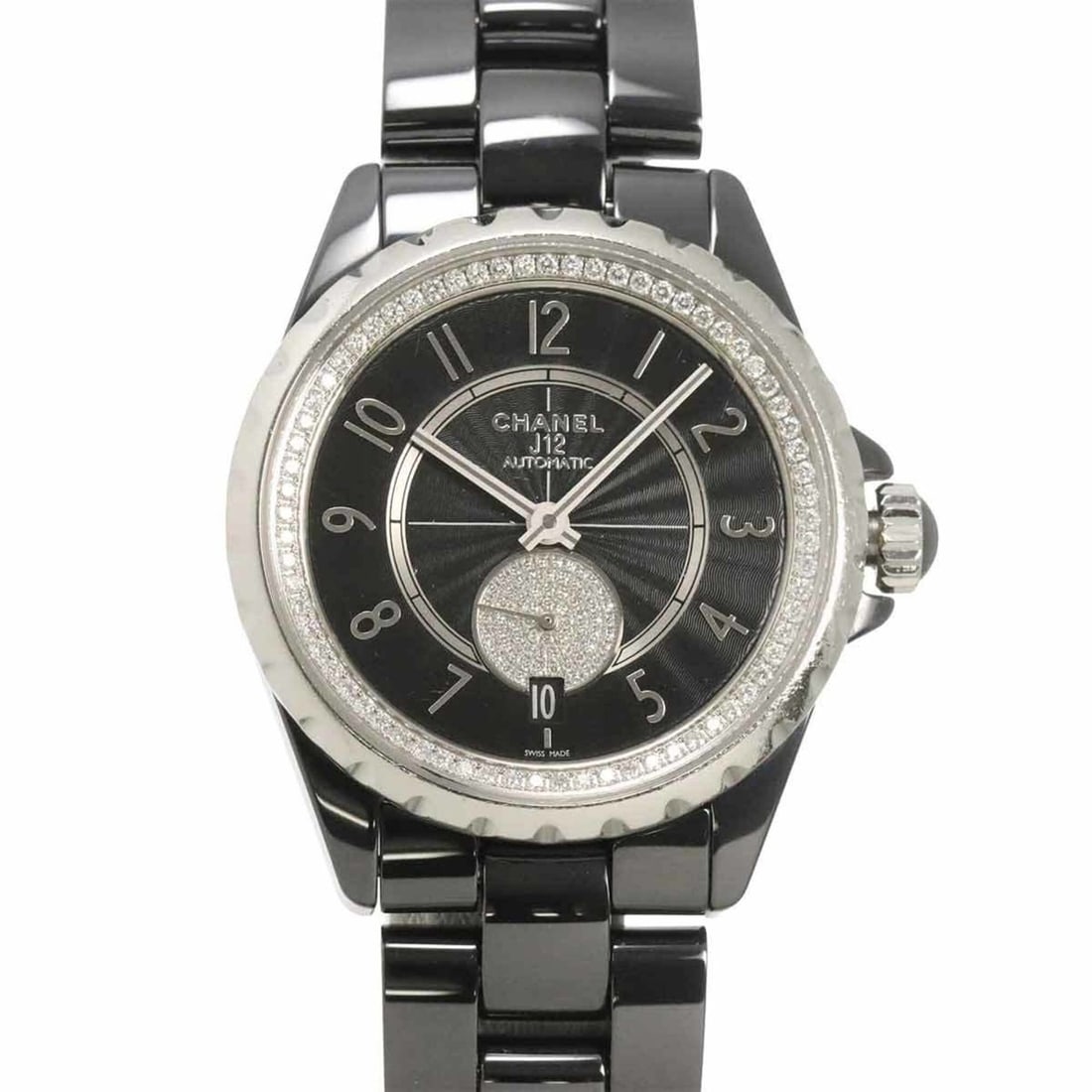 Chanel J12 365 H3840 Diamond Men's Watch, Date Display, Black Ceramic, Automatic Movement: --- Catalog ---Category: SizeWrist Size: 18cm / 7.08''Case Diameter: 37mm / 1.46''Category: DesignType: WristwatchGender: MenColor (Dial): BlackMaterial (Band): Ceramic, Stainless steelMaterial (Case)