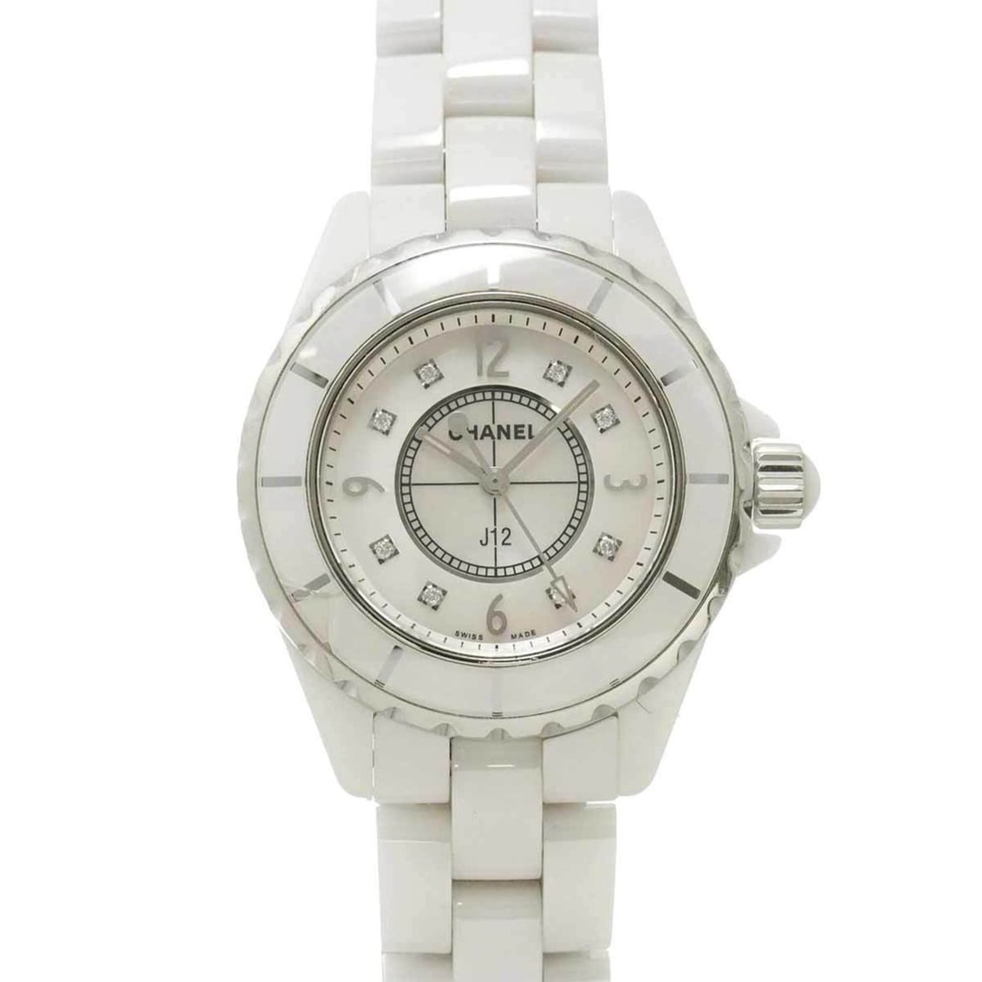 Chanel J12 33mm H2422 Women's Watch, 8 Diamonds, White Mother-of-Pearl, Ceramic, Quartz Watch: --- Catalog ---Category: SizeWrist Size: 16.5cm / 6.49''Case Diameter: 34mm / 1.34''Category: DesignType: WristwatchGender: WomenColor (Dial): White shellMaterial (Band): Ceramic, Stainless steelMater