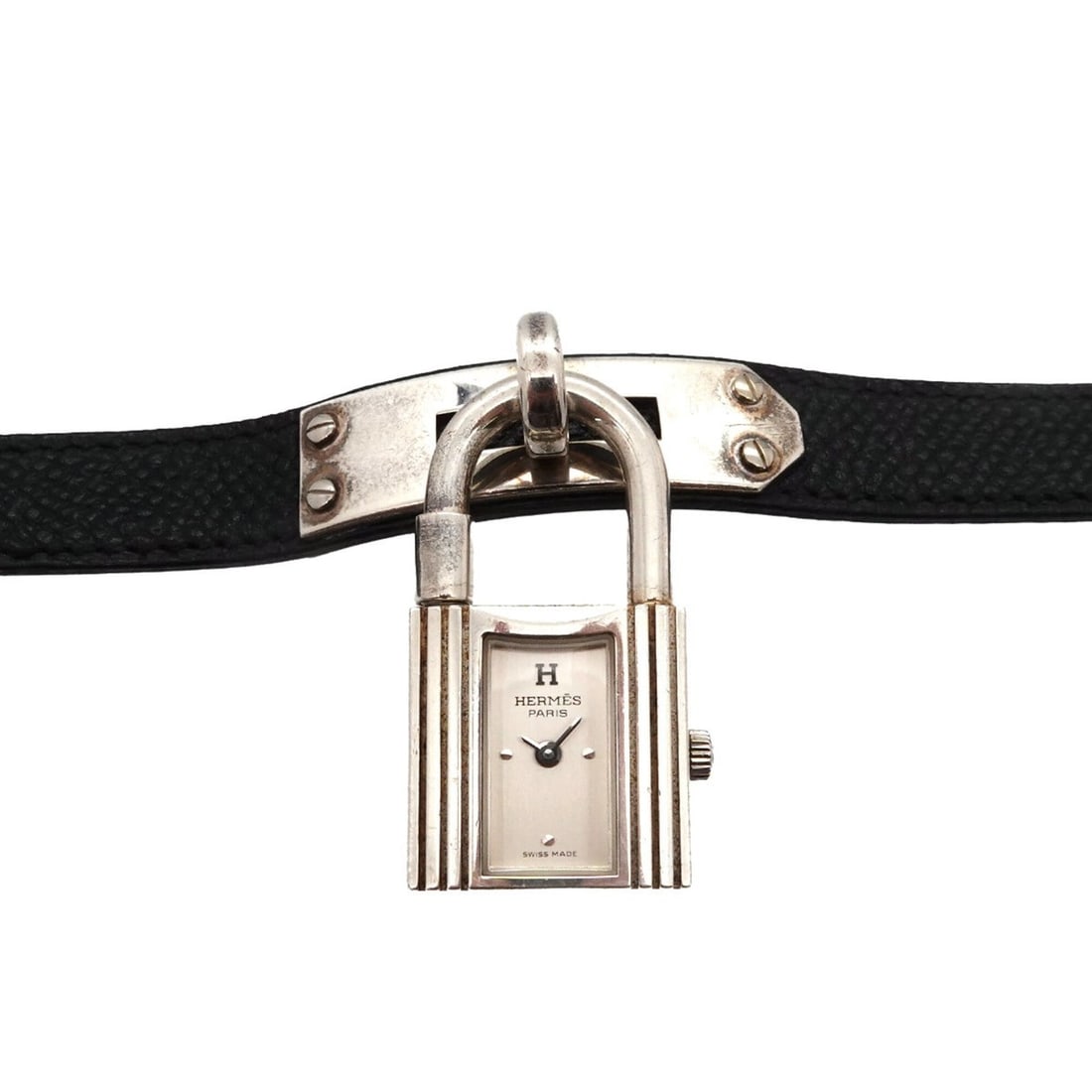 Hermes Kelly Watch, Ladies' Wristwatch, Silver SV925, Black Quartz with Padlock.: --- Catalog ---Category: SizeWrist Size: 13.5cm - 16cm / 5.31'' - 6.29''Case Diameter: 20mm / 0.79''Category: DesignType: WristwatchGender: WomenColor (Dial): SilverMaterial (Band): Leather, Silver 92
