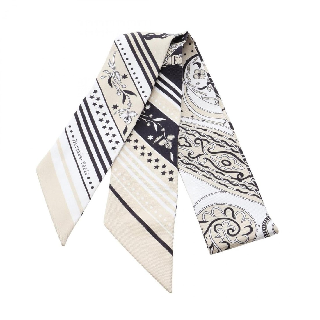 Hermes Twilly Festival des Amazones Bandana Ribbon Scarf Muffler Silk Women's Beige White Black: --- Catalog ---Category: SizeSize (LxW): 85cm x 5cm / 33.46'' x 1.96''Category: DesignType: BandanaColor: Beige, Black, WhiteGender: WomenMaterial: Silk Category: GeneralBrand: Hermes--- Item List ---