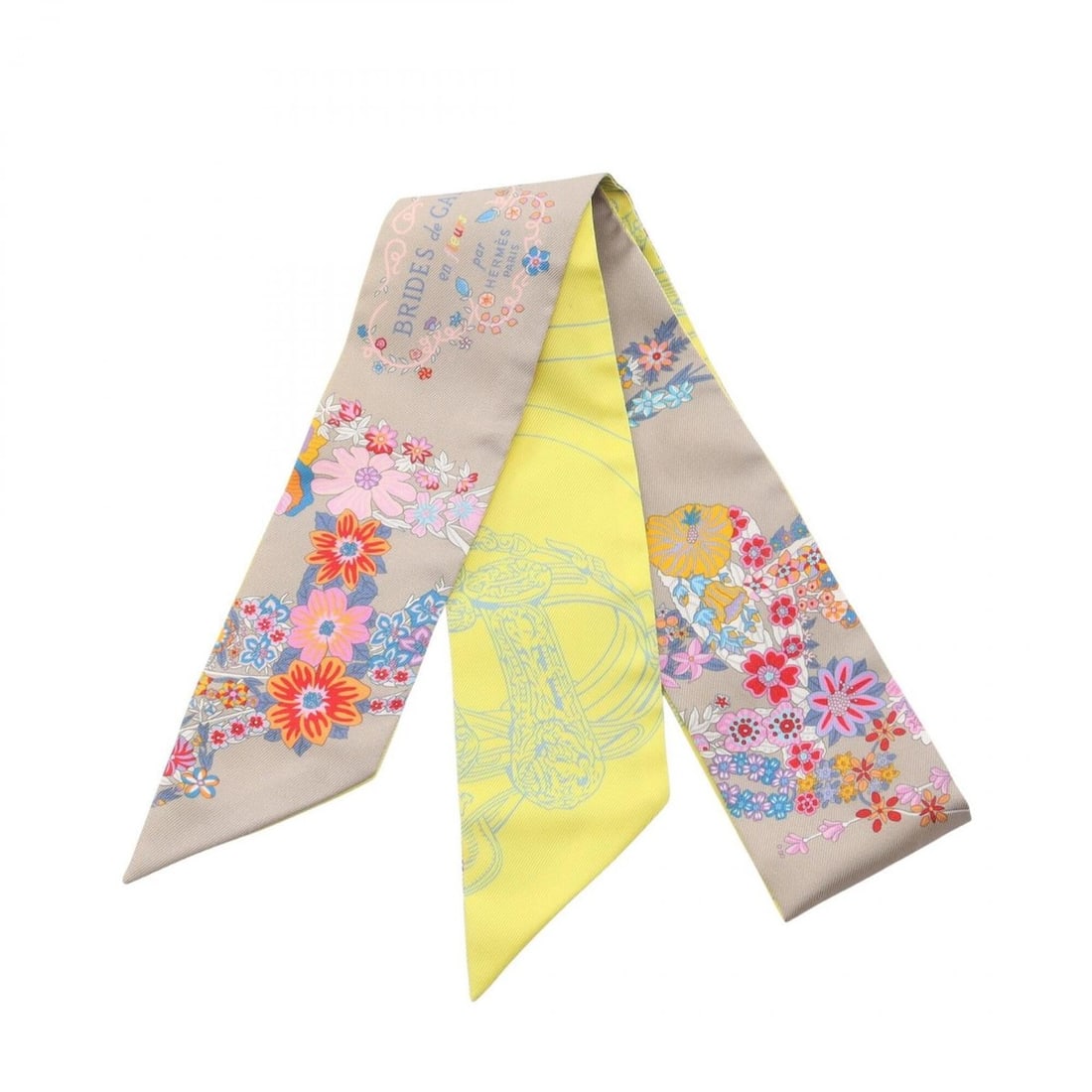 Hermes Twilly Brides de Gala en Fleurs Scarf Muffler Silk Women's Gray Yellow Multicolor: --- Catalog ---Category: SizeSize (LxW): 85cm x 5cm / 33.46'' x 1.96''Category: DesignType: ScarfColor: Gray, Multi-color, YellowGender: WomenMaterial: Silk Category: GeneralBrand: Hermes--- Item List