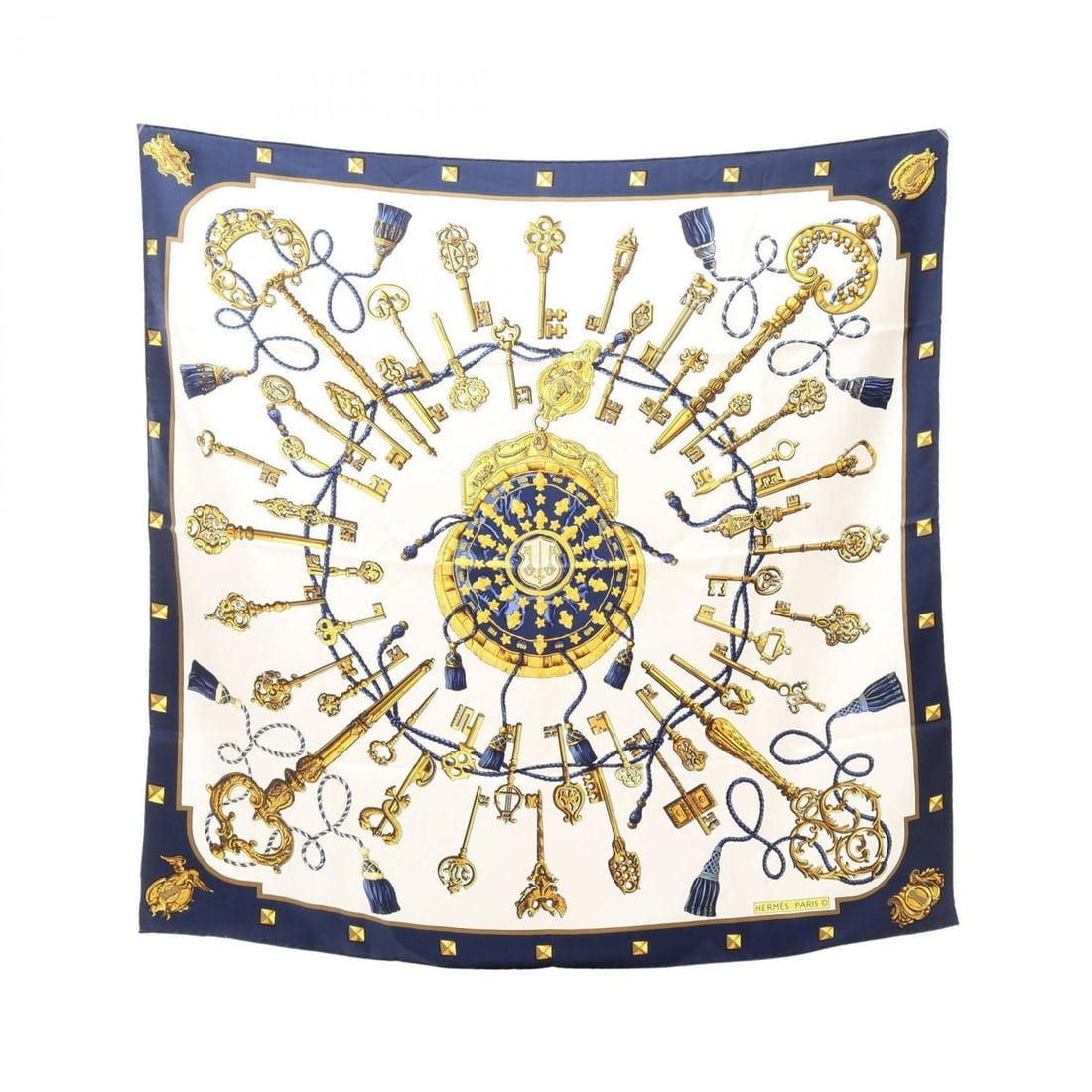 Hermes Carre 90 Les Cles Scarf/Muffler, Silk, Women's, Navy, White, Yellow: --- Catalog ---Category: SizeSize (LxW): 89cm x 89cm / 35.03'' x 35.03''Category: DesignType: ScarfColor: Navy, White, YellowGender: WomenMaterial: Silk Category: GeneralBrand: Hermes--- Item List ---