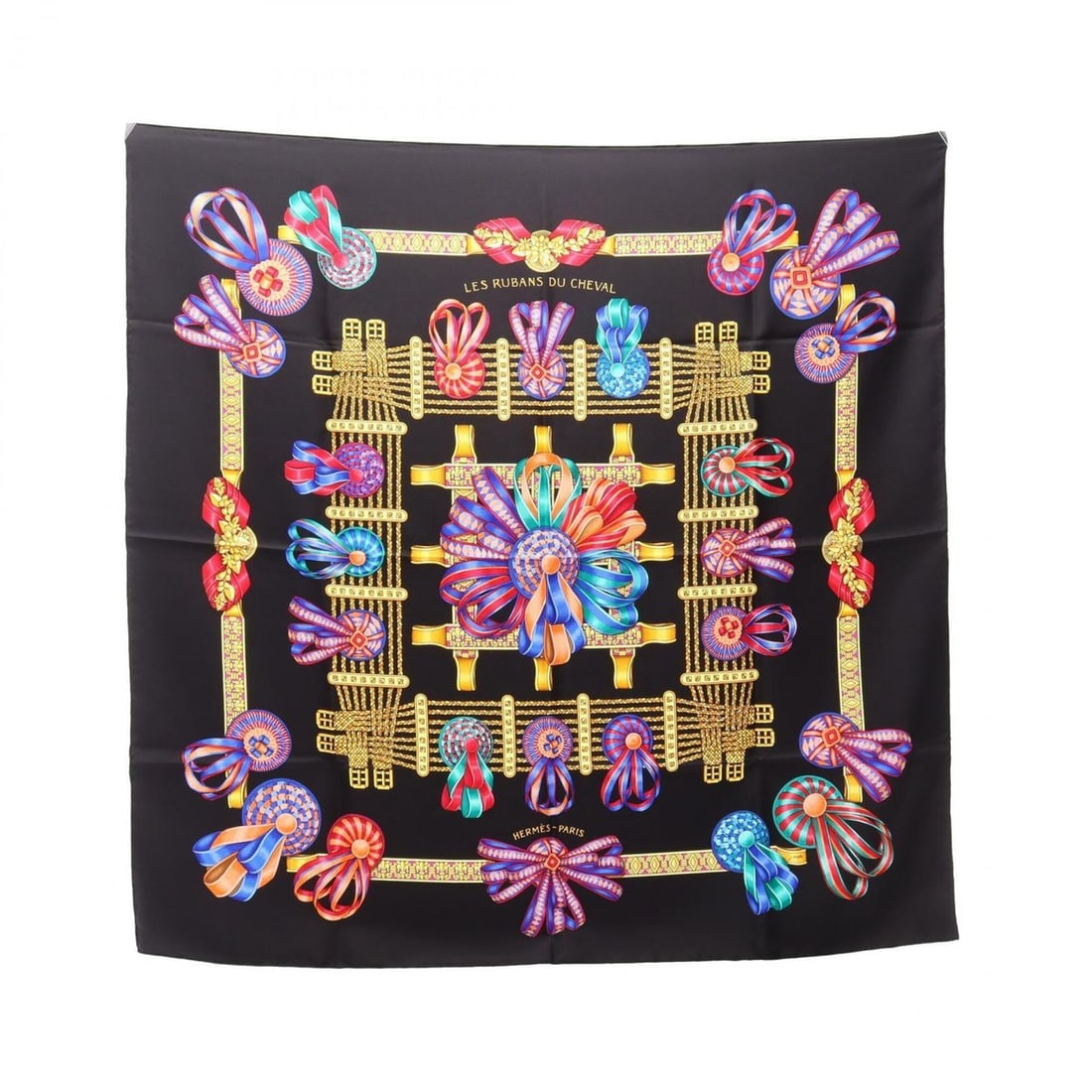Hermes Carre 90 Les Rubans du Cheval Scarf/Muffler, Silk, Women's, Black/Multicolor: --- Catalog ---Category: SizeSize (LxW): 89cm x 89cm / 35.03'' x 35.03''Category: DesignType: ScarfColor: Black, Multi-colorGender: WomenMaterial: Silk Category: GeneralBrand: Hermes--- Item List ---S