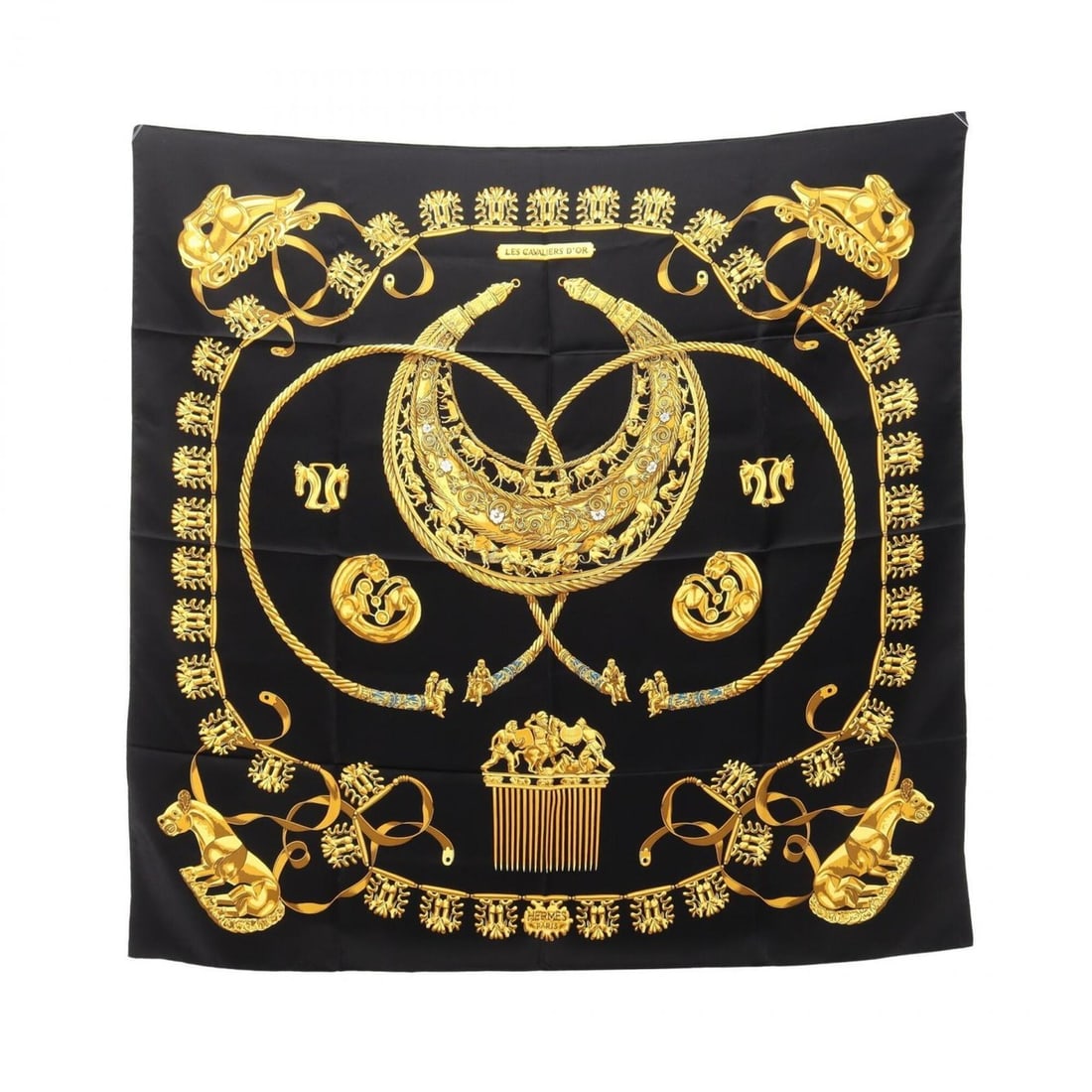 Hermes Carre 90 Les Cavaliers D'Or Scarf/Muffler, Silk, Women's, Black/Yellow: --- Catalog ---Category: SizeSize (LxW): 89cm x 89cm / 35.03'' x 35.03''Category: DesignType: ScarfColor: Black, YellowGender: WomenMaterial: Silk Category: GeneralBrand: Hermes--- Item List ---Sectio