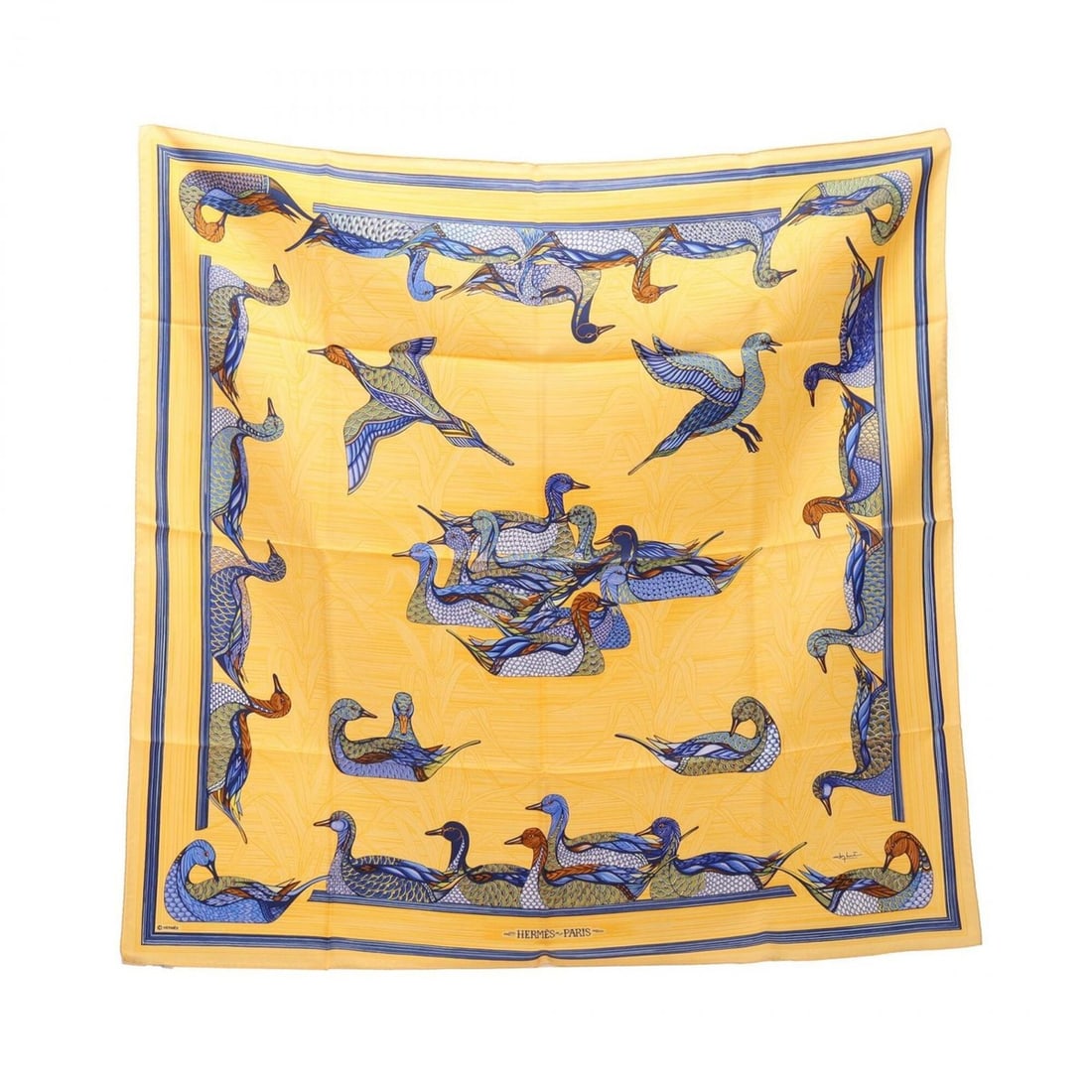 Hermes Carre 90 La Mare aux Canards Scarf/Muffler, Silk, Women's, Orange/Blue Tones: --- Catalog ---Category: SizeSize (LxW): 89cm x 89cm / 35.03'' x 35.03''Category: DesignType: ScarfColor: Blue, OrangeGender: WomenMaterial: Silk Category: GeneralBrand: Hermes--- Item List ---Section