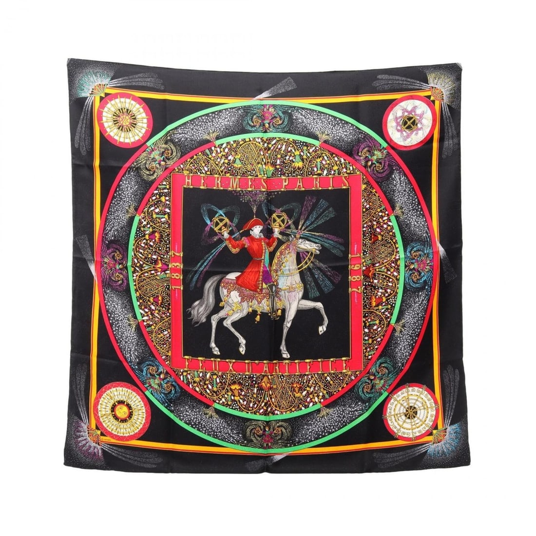Hermes Carre 90 Feux D'Artifice Scarf/Muffler, Silk, Women's, Black/Multicolor: --- Catalog ---Category: SizeSize (LxW): 89cm x 89cm / 35.03'' x 35.03''Category: DesignType: ScarfColor: Black, Multi-colorGender: WomenMaterial: Silk Category: GeneralBrand: Hermes--- Item List ---S