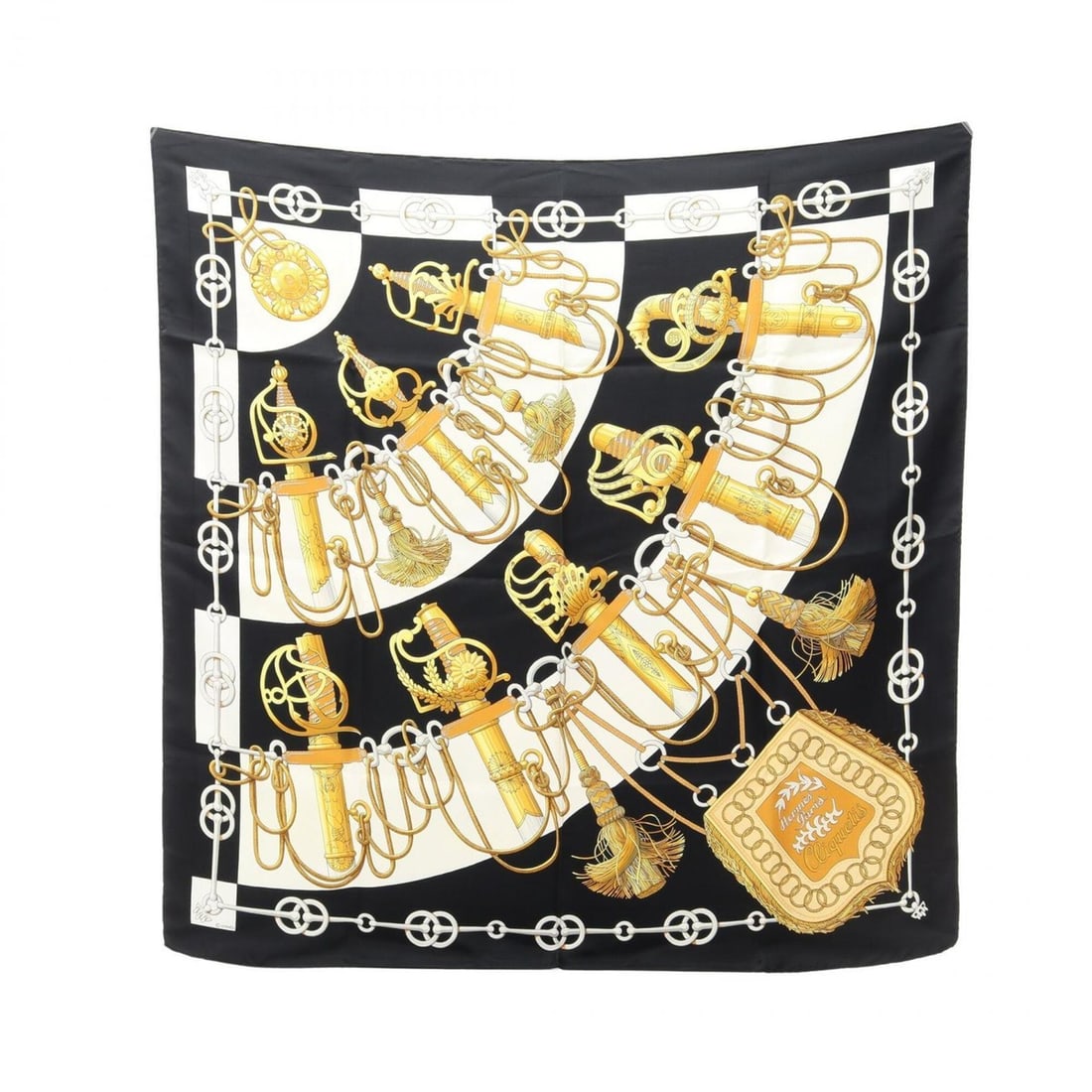 Hermes Carre 90 Cliquetis Scarf/Muffler, Silk, Women's, Black, White, Yellow: --- Catalog ---Category: SizeSize (LxW): 89cm x 89cm / 35.03'' x 35.03''Category: DesignType: ScarfColor: Black, White, YellowGender: WomenMaterial: Silk Category: GeneralBrand: Hermes--- Item List --