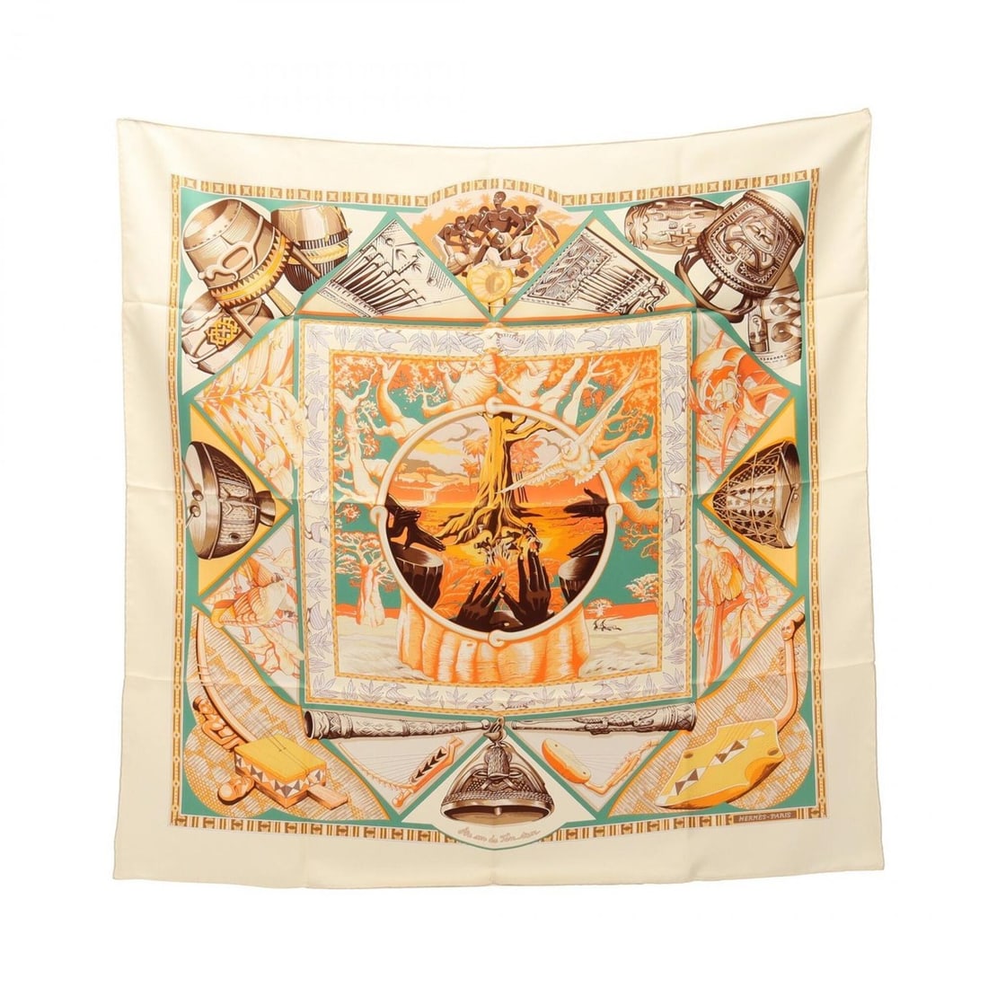 Hermes Carre 90 Au son du Tan-tan Scarf/Muffler, Silk, Women's, Ivory/Orange/Multicolor: --- Catalog ---Category: SizeSize (LxW): 89cm x 89cm / 35.03'' x 35.03''Category: DesignType: ScarfColor: Ivory, Multi-color, OrangeGender: WomenMaterial: Silk Category: GeneralBrand: Hermes--- Item L