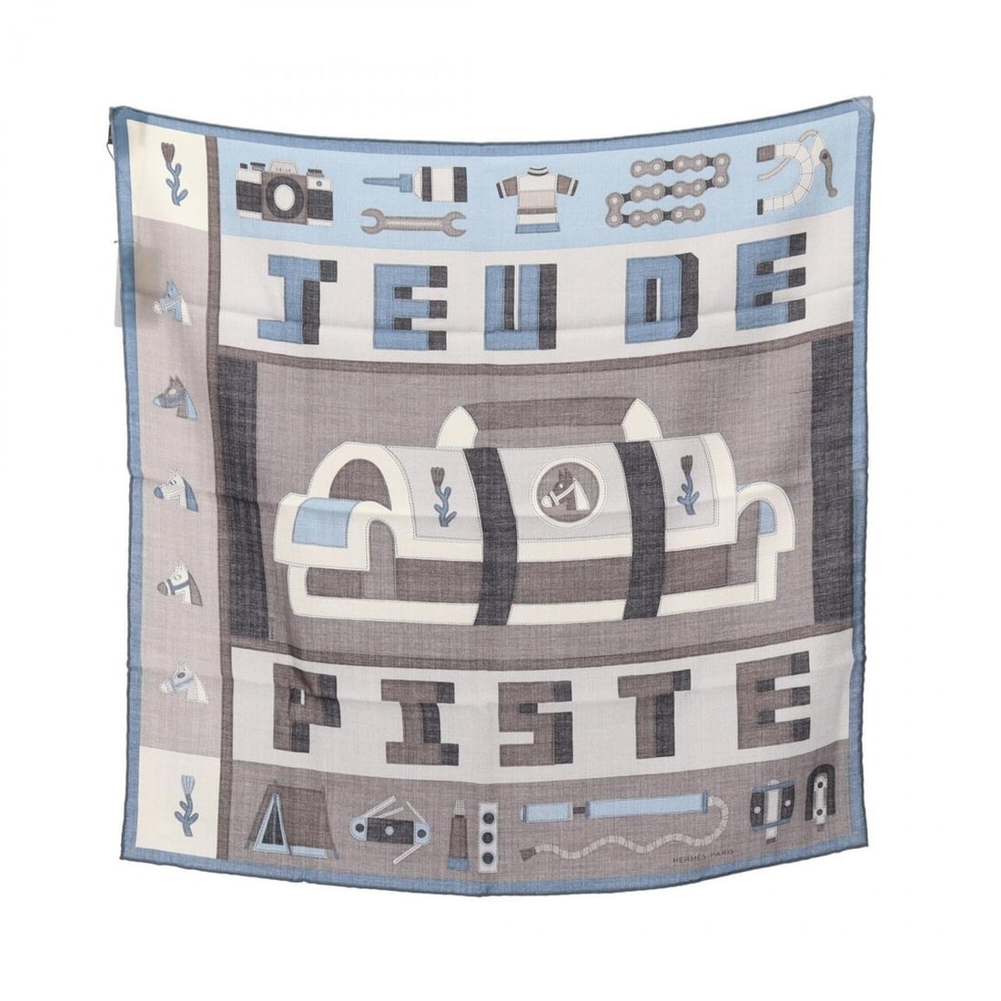 Hermes Carre 65 Jeu de Piste scarf, silk and cashmere, women's, gray blue tones.: --- Catalog ---Category: SizeSize (LxW): 65cm x 65cm / 25.59'' x 25.59''Category: DesignType: ScarfColor: Blue, GrayGender: WomenMaterial: Silk , Cashmere Category: GeneralBrand: Hermes--- Item List -