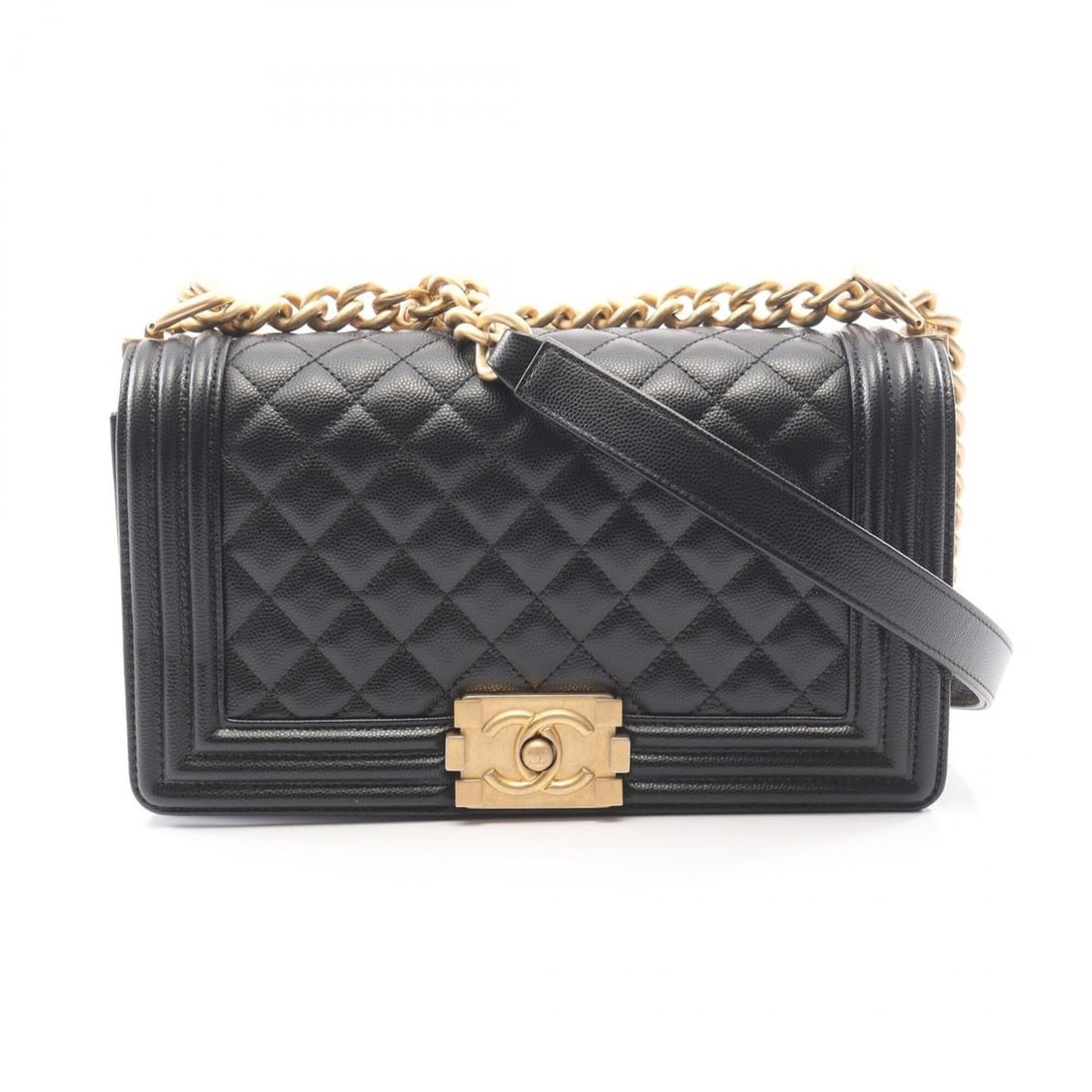 Chanel Boy Shoulder Bag/Handbag, Caviar Leather (Grained Calfskin), Women's, Black: --- Catalog ---Category: SizeSize (HxWxD): 14.5cm x 25cm x 7cm / 5.7'' x 9.84'' x 2.75''Category: DesignType: Handbag, Shoulder bagColor: BlackGender: WomenMaterial: Grained Calfskin Category: General