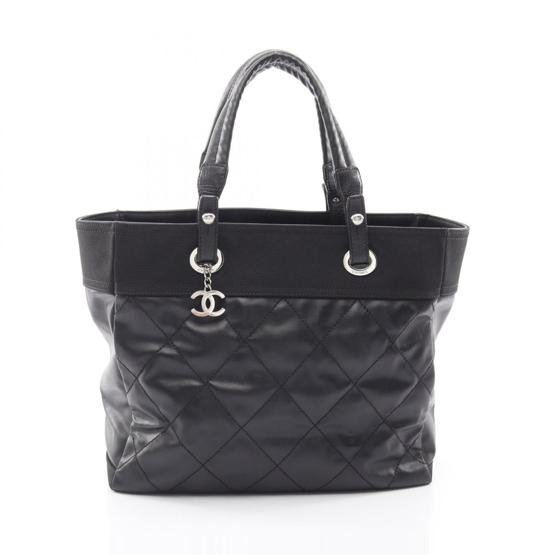 Chanel Paris Biarritz MM Tote Bag Handbag, Coated Canvas Leather, Women's, Black: --- Catalog ---Category: SizeSize (HxWxD): 30cm x 34cm x 16cm / 11.81'' x 13.38'' x 6.29''Category: DesignType: Handbag, Tote bagColor: BlackGender: WomenMaterial: Coated canvas , PVC , Leather Catego