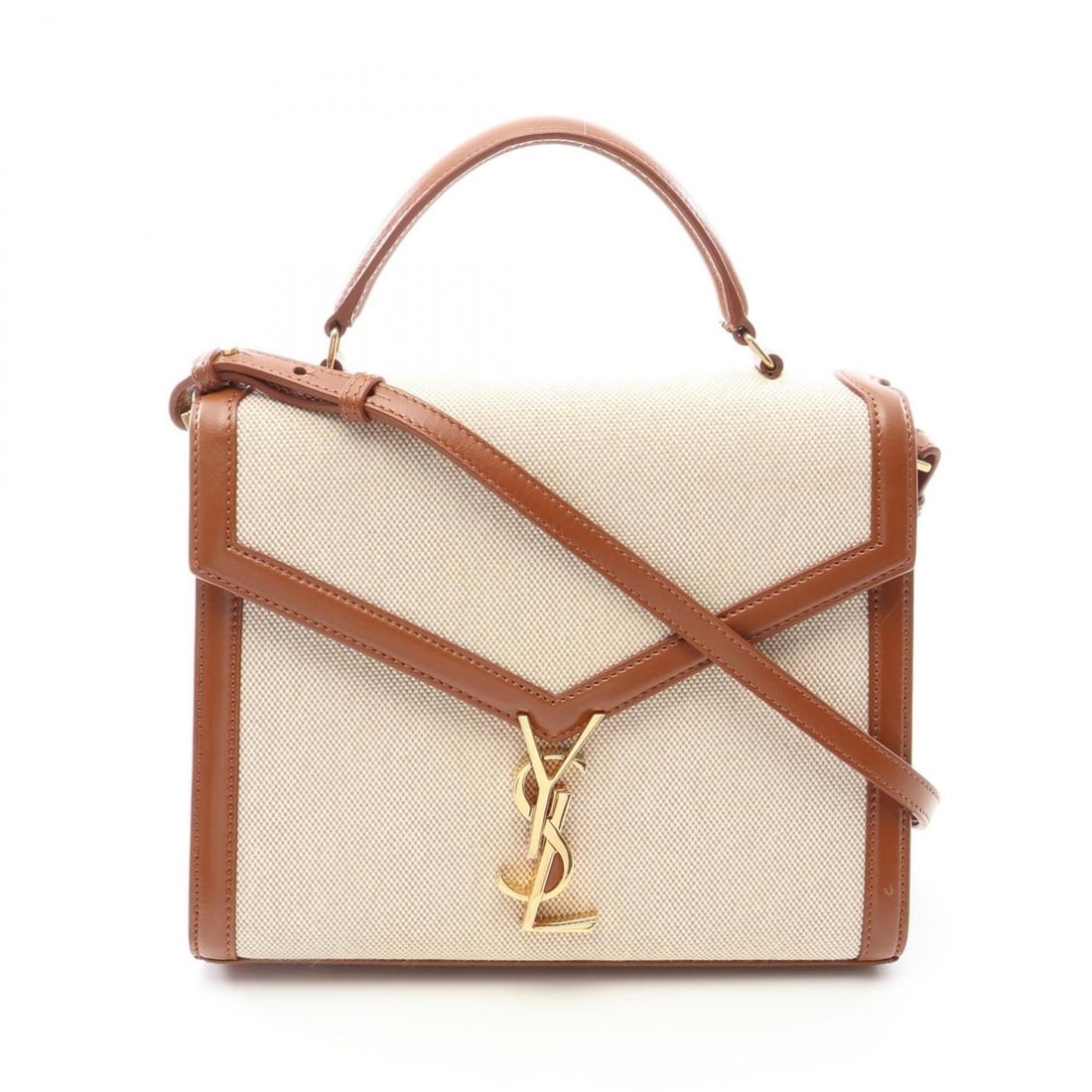 Yves Saint Laurent Saint Laurent Paris Cassandra 2-Way Handbag, Canvas and Leather, Women's,: --- Catalog ---Category: SizeSize (HxWxD): 20cm x 24cm x 10.5cm / 7.87'' x 9.44'' x 4.13''Category: DesignType: HandbagColor: Brown, IvoryGender: WomenMaterial: Canvas , Leather Category: GeneralMPN: 