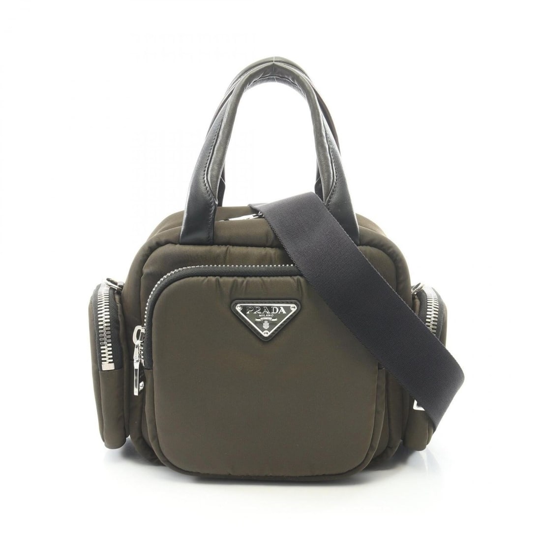 Prada TESSUTO POCKET 2-Way Handbag, Nylon and Leather, Women's, Khaki/Black, 1BB061: --- Catalog ---Category: SizeSize (HxWxD): 17cm x 20cm x 10.5cm / 6.69'' x 7.87'' x 4.13''Category: DesignType: HandbagColor: Black, KhakiGender: WomenMaterial: Tessuto Category: GeneralMPN: 1BB061Bra