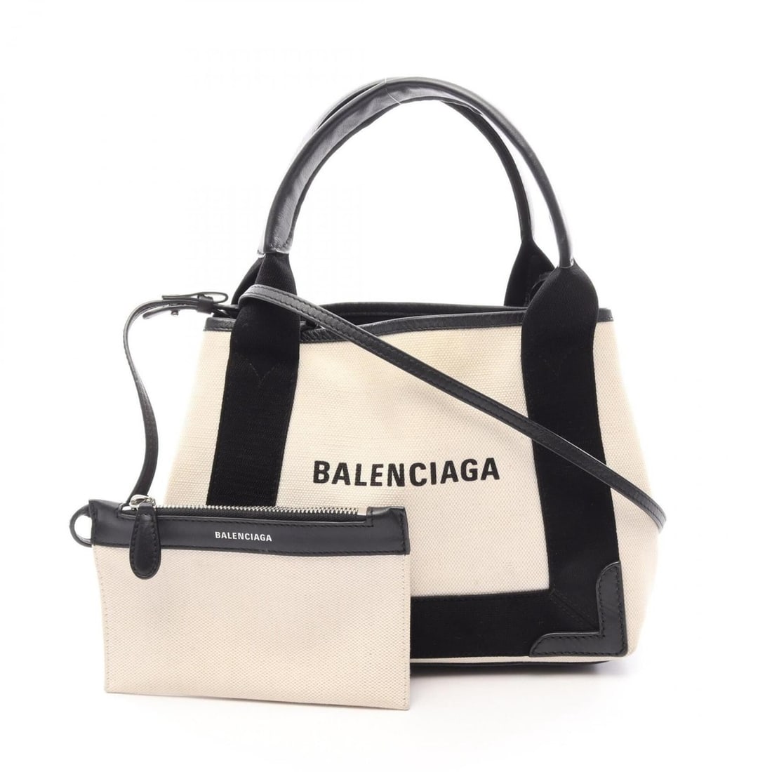 Balenciaga Navy Cabas XS 2-Way Handbag, Canvas and Leather, Women's, White/Black, 390346: --- Catalog ---Category: SizeSize (HxWxD): 20cm x 25cm x 7cm / 7.87'' x 9.84'' x 2.75''Category: DesignType: Handbag, PouchColor: Black, WhiteGender: WomenMaterial: Canvas , Leather Category: GeneralM