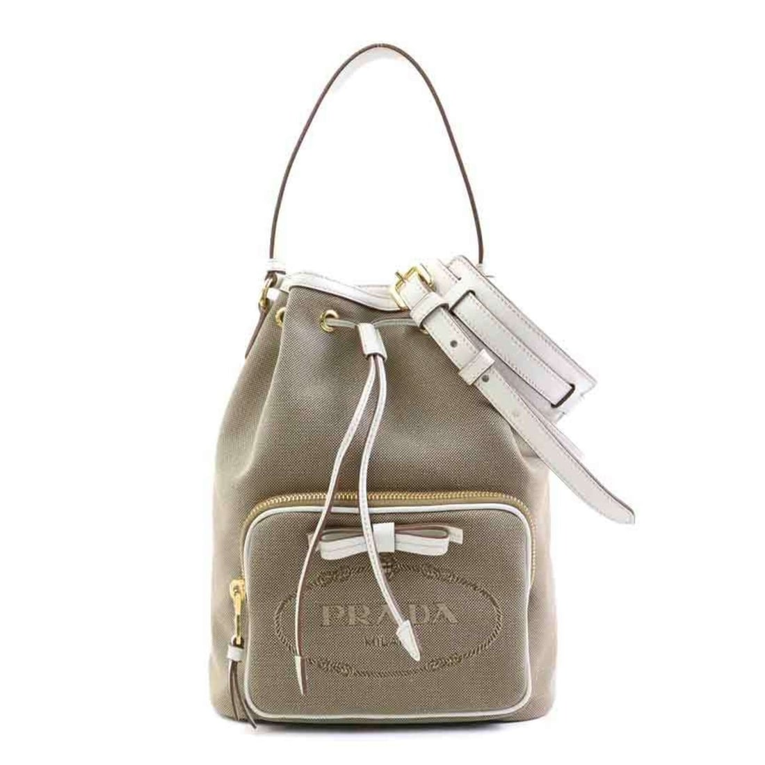 Prada PRADA handbag/shoulder bag, logo jacquard canvas and leather, brown white, women's, 1BH097: --- Catalog ---Category: SizeSize (HxWxD): 26cm x 20cm x 12cm / 10.23'' x 7.87'' x 4.72''Category: DesignType: Handbag, Shoulder bagColor: Brown, WhiteGender: WomenMaterial: Canvas , Leather Category: