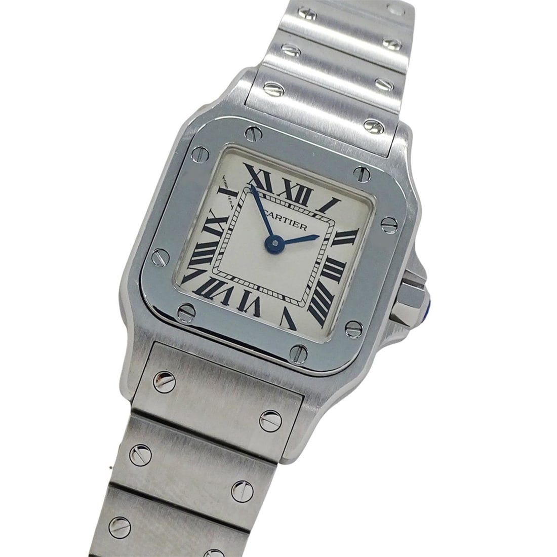 Cartier women's watch, Santos Galbee SM, quartz movement, stainless steel (SS), W20056D6,: --- Catalog ---Category: SizeWrist Size: 17cm / 6.69''Case Diameter: 24mm / 0.94''Category: DesignType: WristwatchGender: WomenColor (Dial): IvoryMaterial (Band): Stainless steelMaterial (Case): Stain