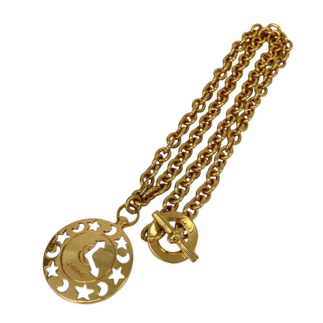 CELINE Vintage Planet Series Star Moon Circle Low Chain Necklace Gold Color Women's: --- Catalog ---Category: SizePendant Size: 45mm x 45mm / 1.77'' x 1.77''Neck Circumference: 82 cm / 32.28''Category: DesignColor: GoldGender: WomenNecklace Type: NecklaceCategory: GeneralBrand: