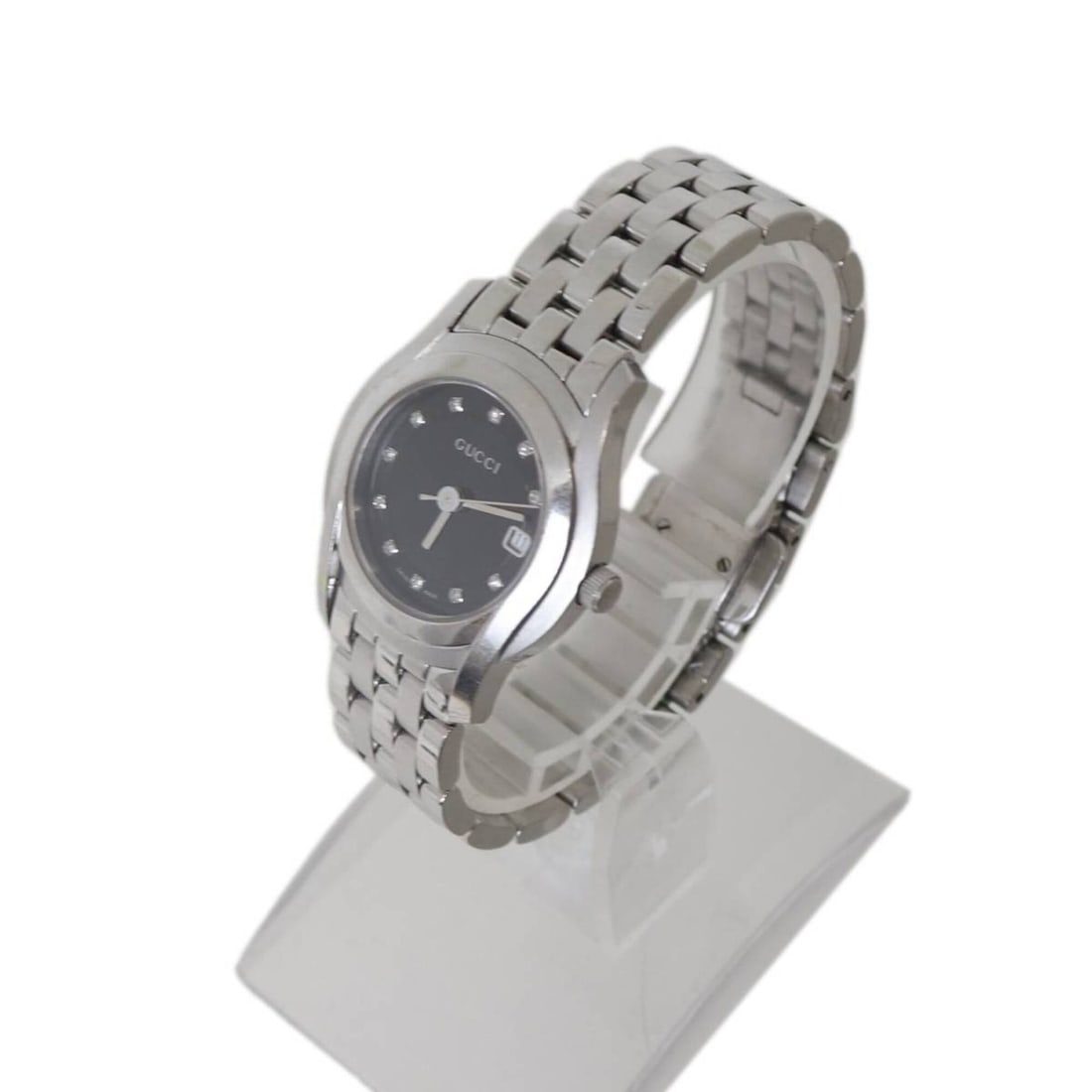 GUCCI Women's Quartz Watch, 11 Diamonds, Stainless Steel, Black Dial, 5500L: --- Catalog ---Category: SizeWrist Size: 15cm / 5.9''Case Diameter: 26mm / 1.02''Category: DesignType: WristwatchGender: WomenColor (Dial): BlackMaterial (Band): Stainless steelMaterial (Case):