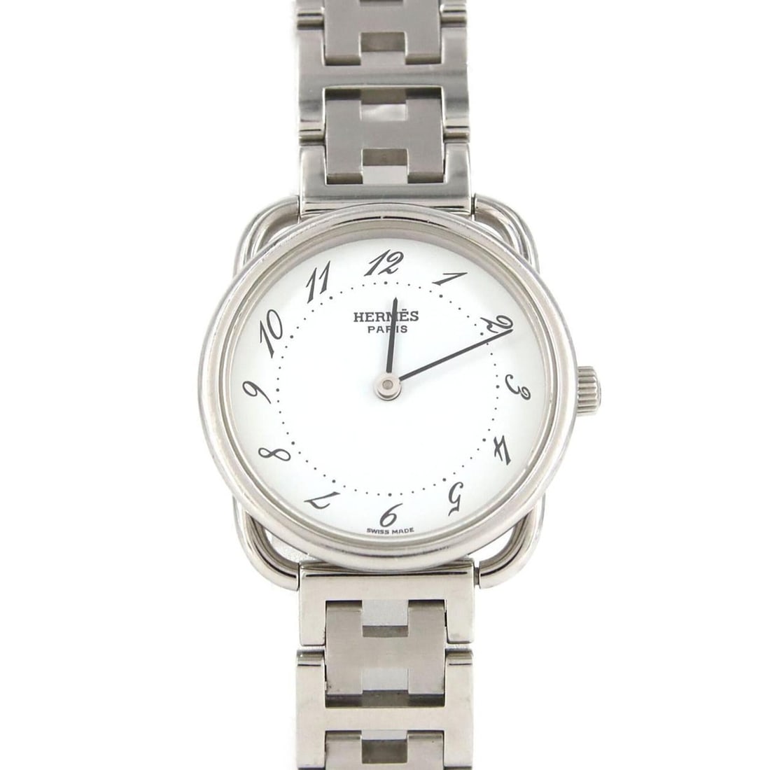 Hermes Arceau AR3.210 SS Quartz Watch: --- Catalog ---Category: SizeWrist Size: 17cm / 6.69''Case Diameter: 25.5mm / 1''Category: DesignType: WristwatchGender: WomenColor (Dial): WhiteMaterial (Band): Stainless steelMaterial (Case):
