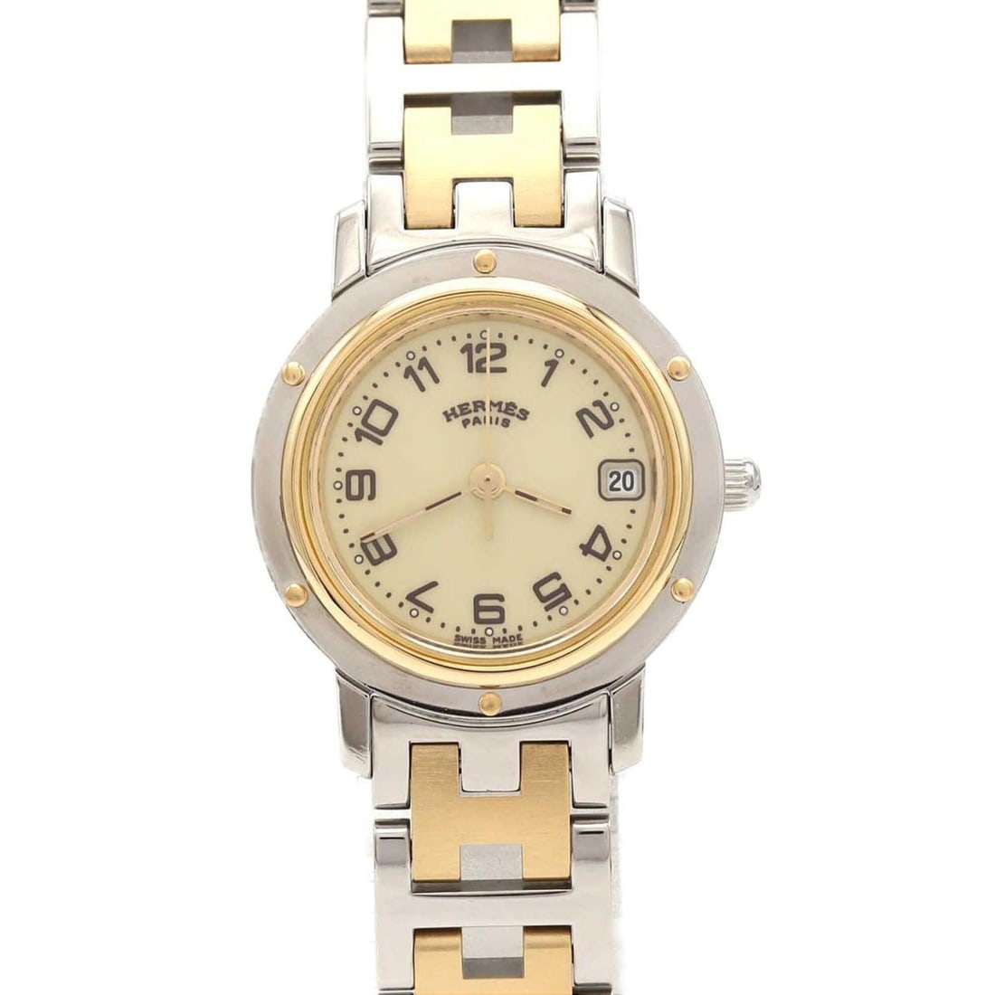 Hermes Clipper Combination CL4.220 SSxGP Quartz Watch: --- Catalog ---Category: SizeWrist Size: 16.5cm / 6.49''Case Diameter: 24mm / 0.94''Category: DesignType: WristwatchGender: WomenColor (Dial): IvoryMaterial (Band): Gold plated, Stainless