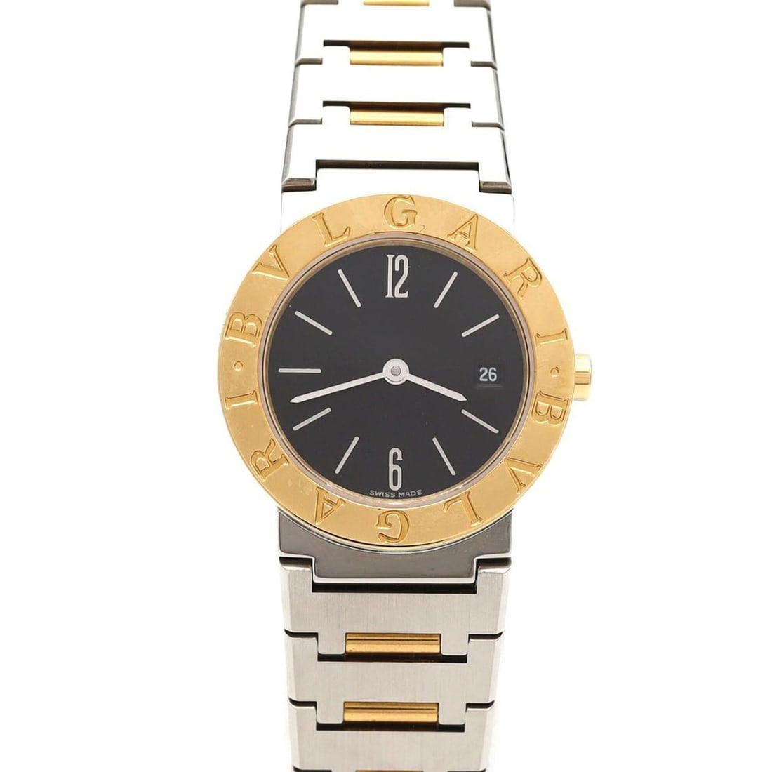Bvlgari Combination BB26SG BB26SGD SSxYG Quartz Watch: --- Catalog ---Category: SizeWrist Size: 14cm / 5.51''Case Diameter: 26mm / 1.02''Category: DesignType: WristwatchGender: WomenColor (Dial): BlackMaterial (Band): Stainless steel, Yellow goldMaterial