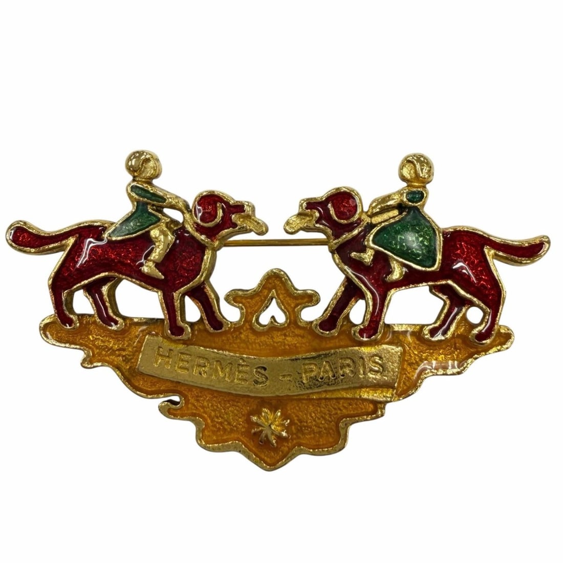 HERMES Vintage Metal Cloisonné Brooch of Girl and Dog, Gold, Red, Green, Women's, with Dust Bag: --- Catalog ---Category: SizeSize (HxWxD): 3.5cm x 6.5cm / 1.37'' x 2.55''Category: DesignType: BroochColor: Gold, Green, Red colorGender: WomenMaterial: MetalCategory: GeneralBrand: Hermes--- Item Li